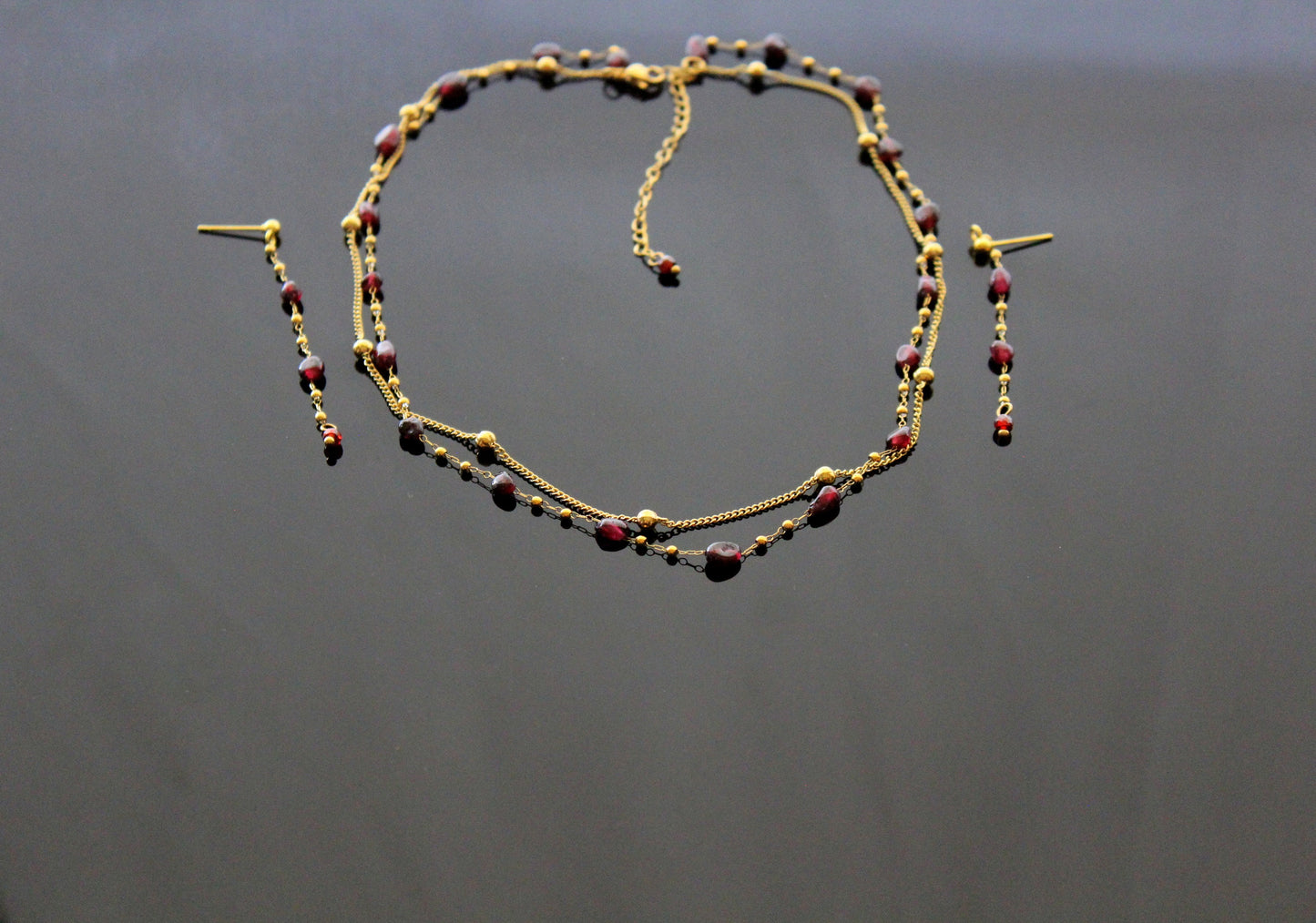 Handmade natural garnet jewelry set with 18 K gold plated stainless steel parts