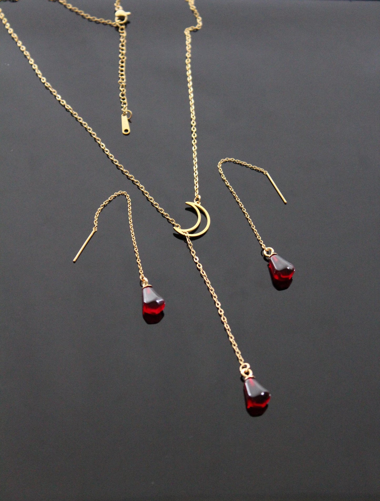 Y shape moon with pomegranate seed jewelry set gold plated stainless steel