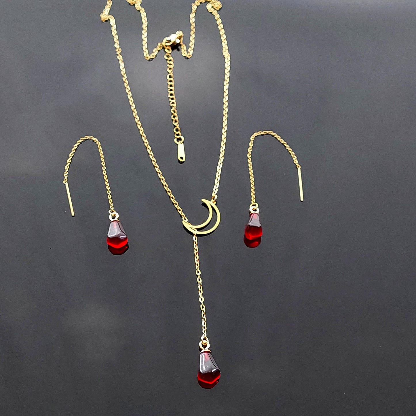 Y shape moon with pomegranate seed jewelry set gold plated stainless steel