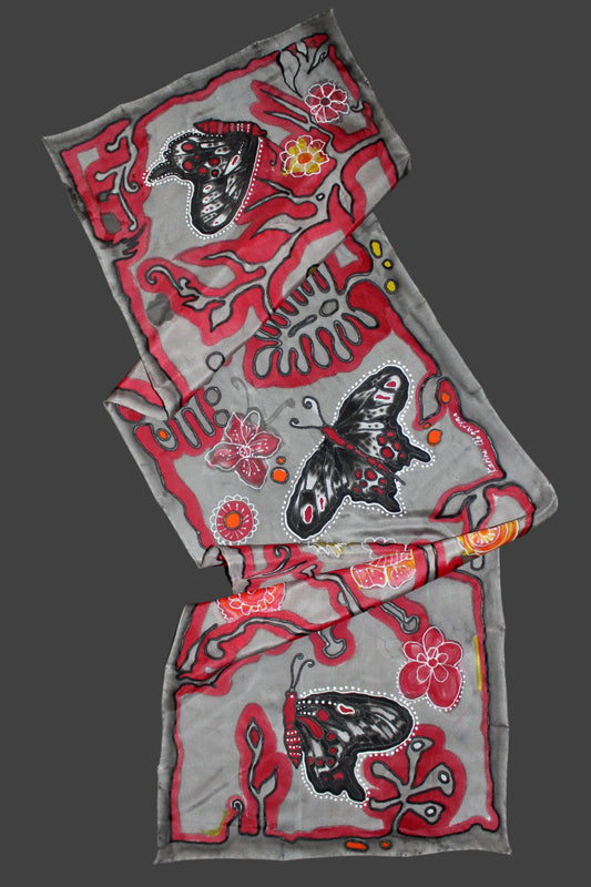Hand painted butterfly scarf, Black and red silk scarf, Butterfly lover gift