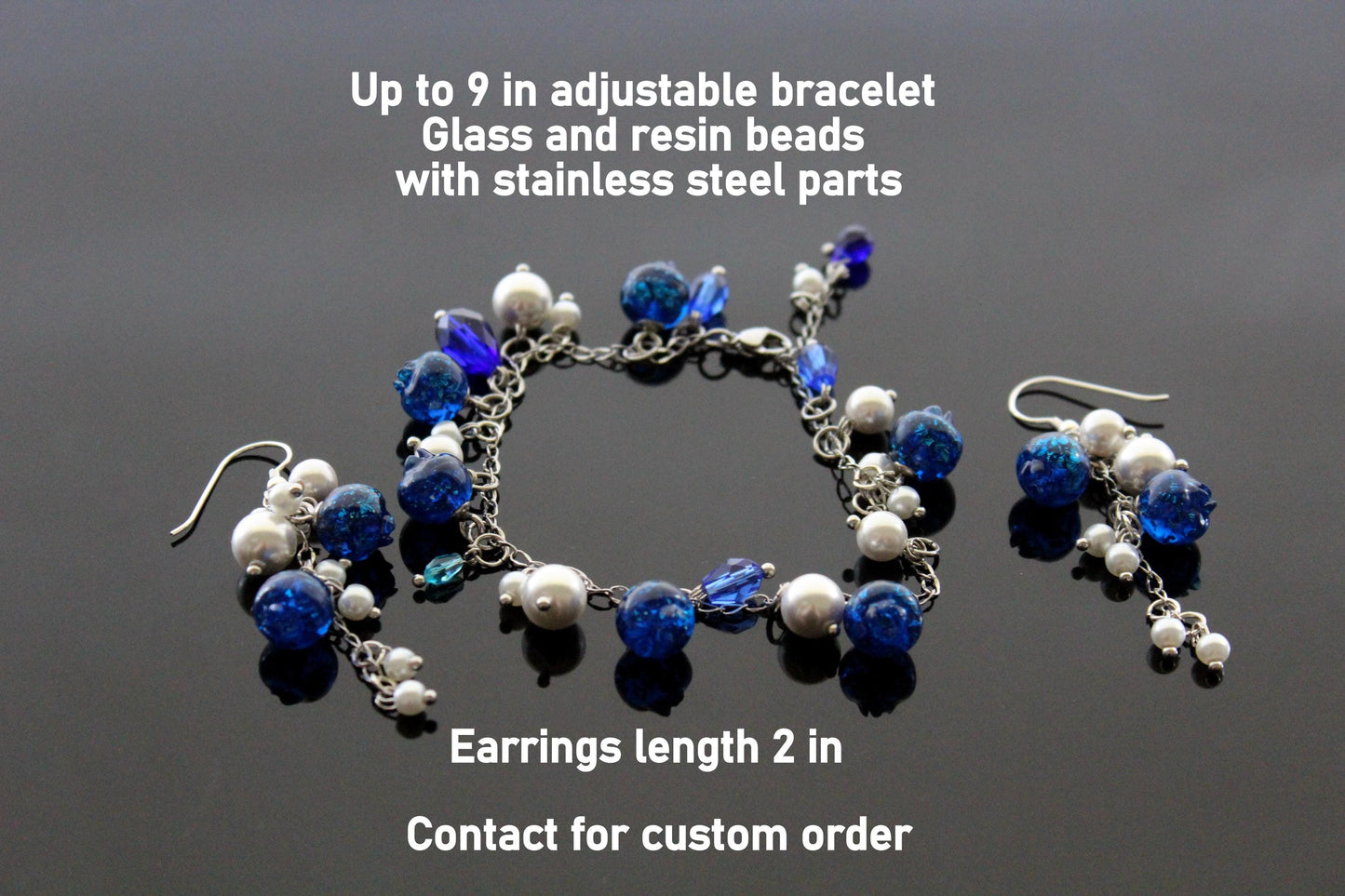 Silver Blueberry jewelry set with glass pearls