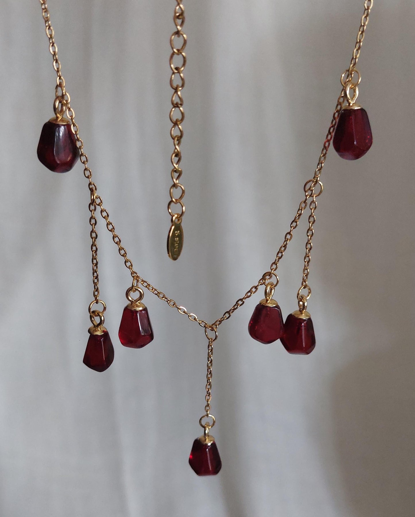 14K gold plated stainless steel Pomegranate resin seed Cascade shape necklace and long drop earrings