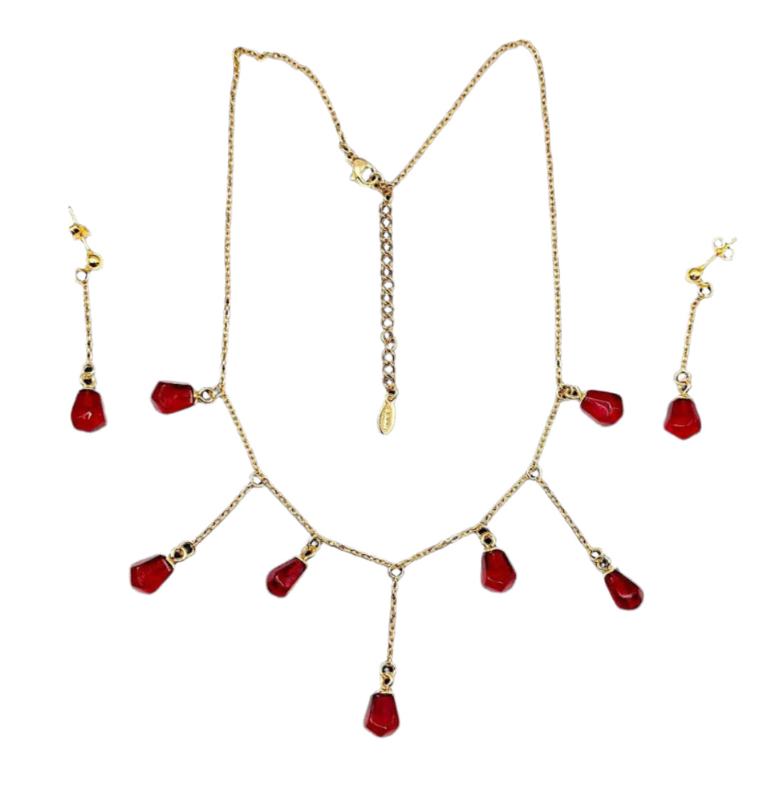 14K gold plated stainless steel Pomegranate resin seed Cascade shape necklace and long drop earrings
