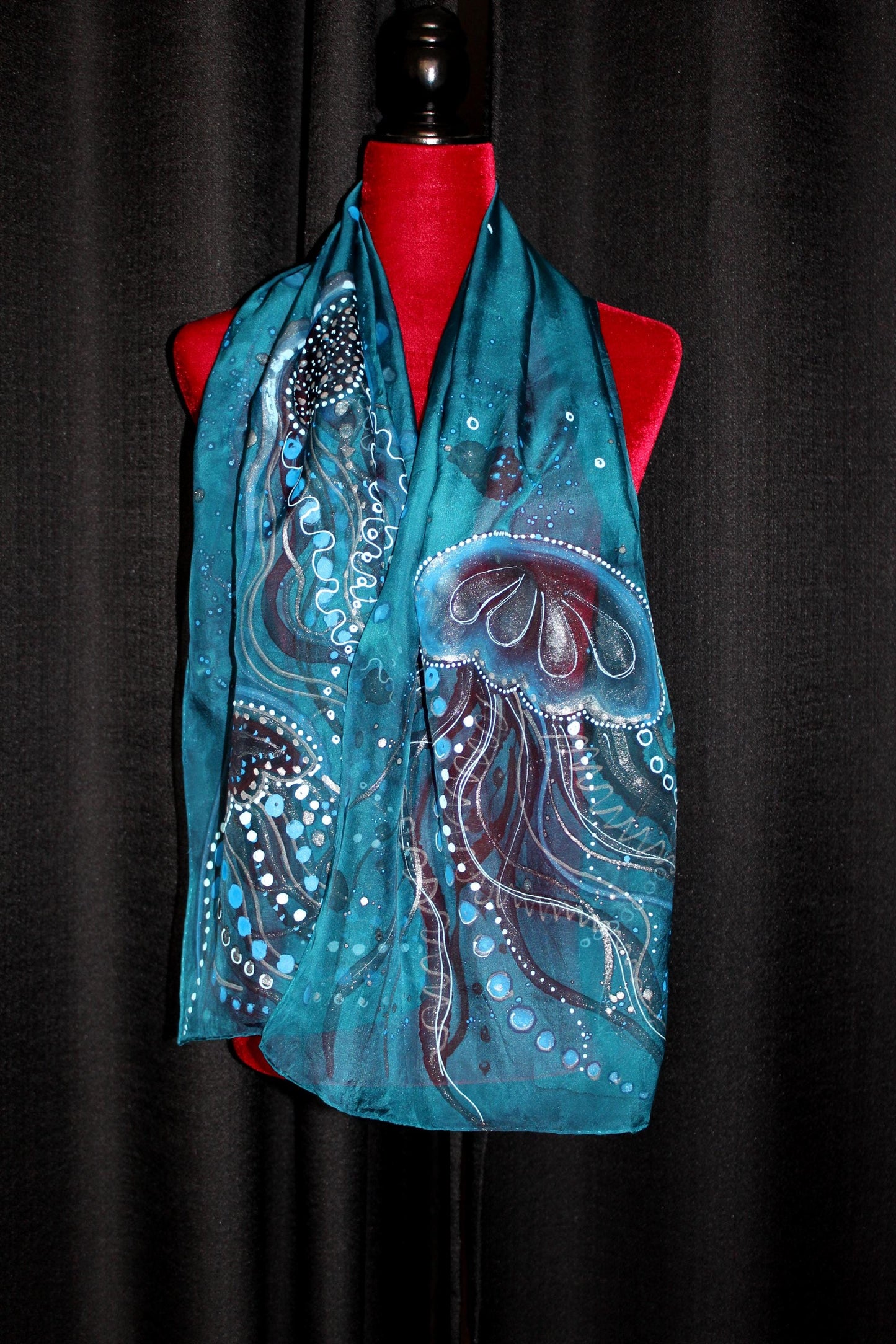 Hand dyed and hand painted jellyfish, marine ocean silk scarf