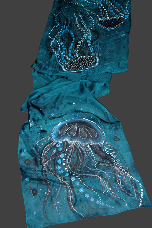 Hand dyed and hand painted jellyfish, marine ocean silk scarf