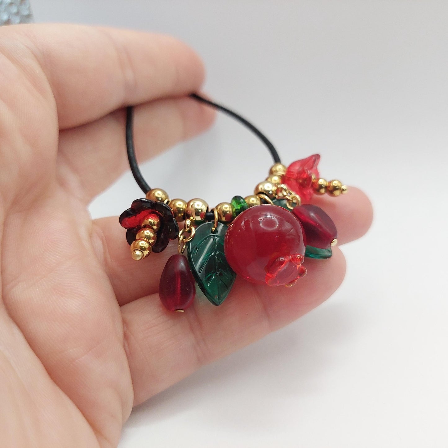Handmade Pomegranate and floral glass beads with adjustable leather cord