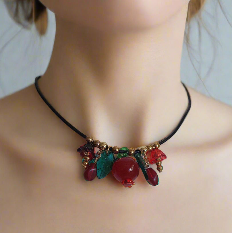 Handmade Pomegranate and floral glass beads with adjustable leather cord