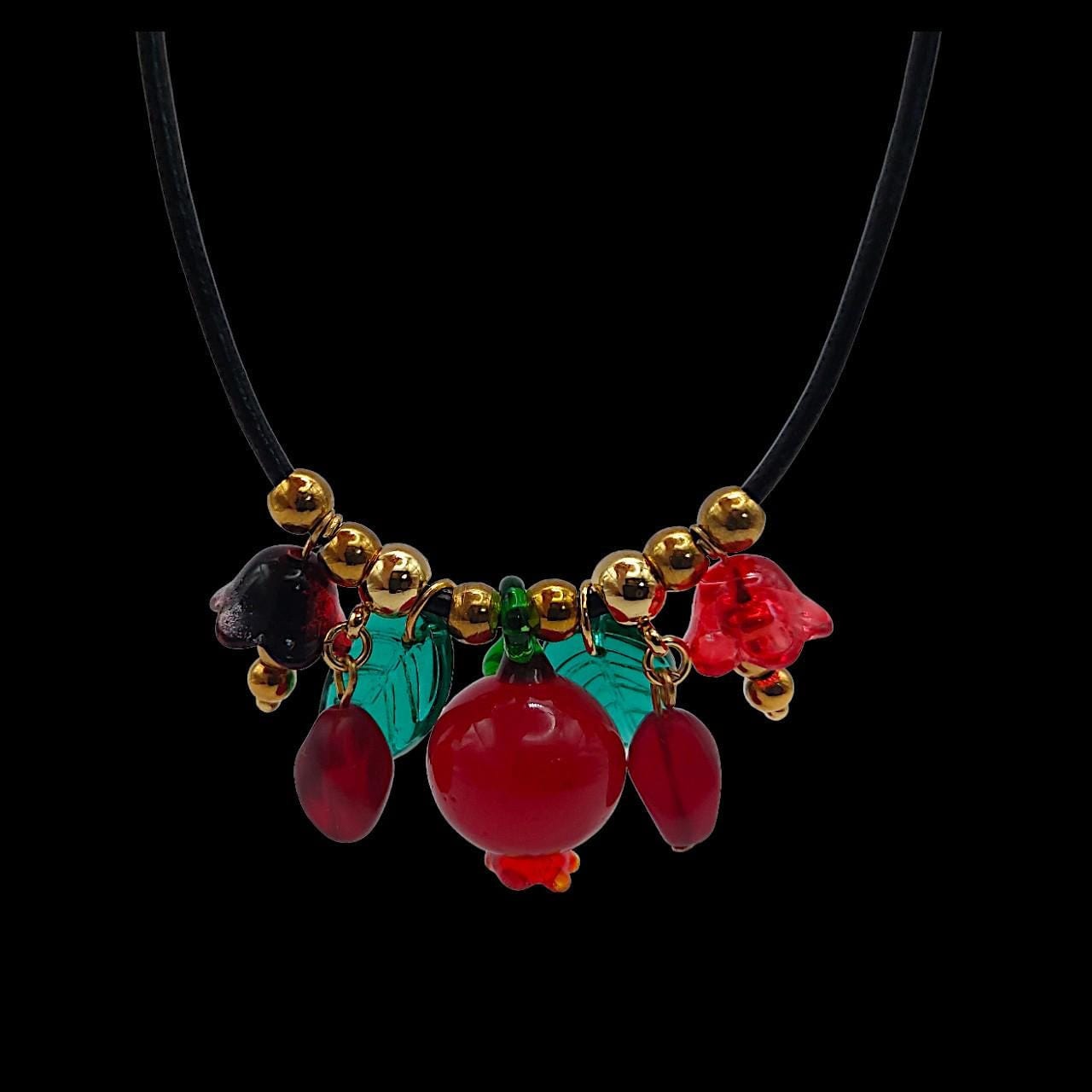 Handmade Pomegranate and floral glass beads with adjustable leather cord