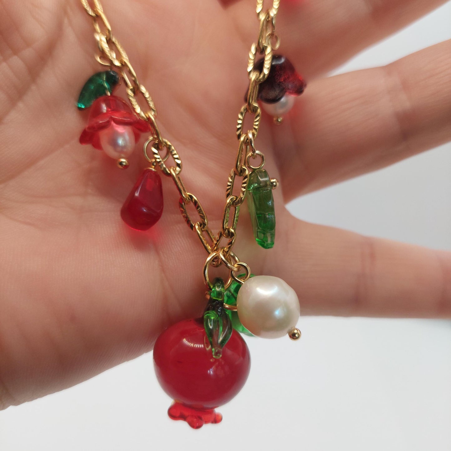 Handmade Pomegranate and floral glass beads and natural pearl with adjustable Gold plated stainless steel chain