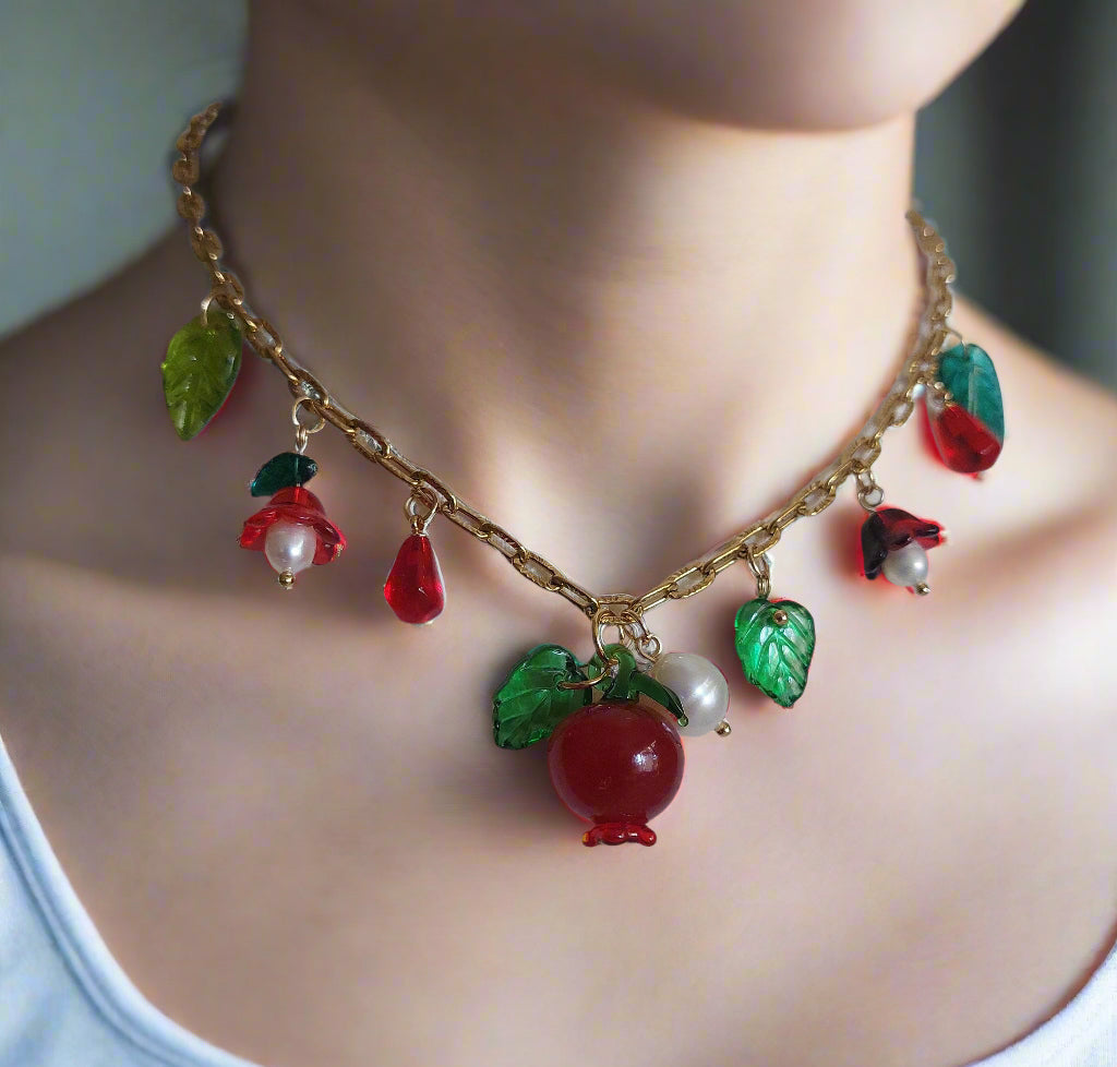 Handmade Pomegranate and floral glass beads and natural pearl with adjustable Gold plated stainless steel chain
