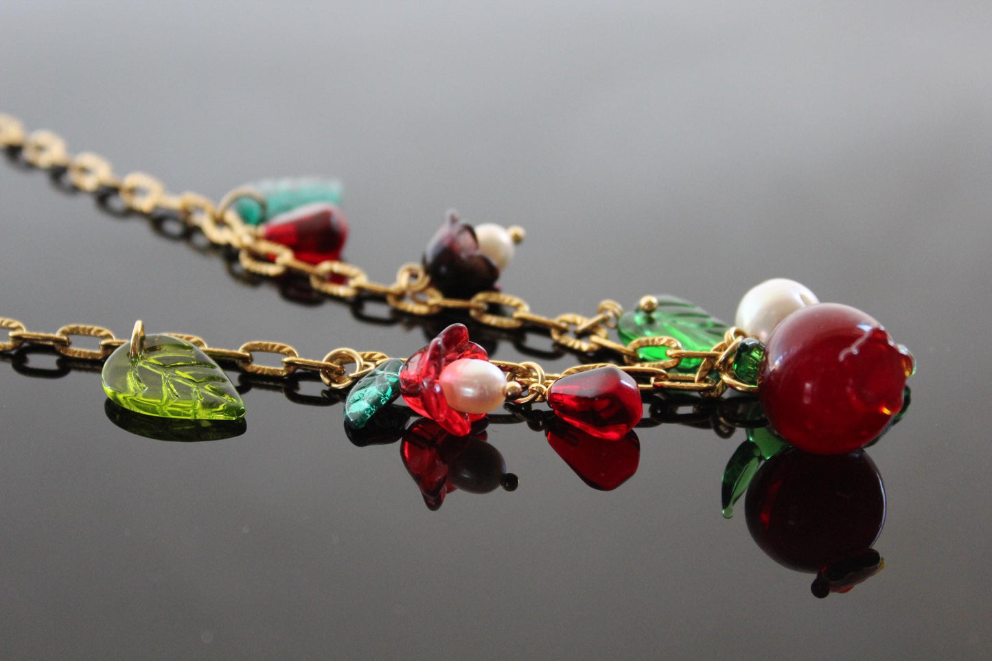 Handmade Pomegranate and floral glass beads and natural pearl with adjustable Gold plated stainless steel chain