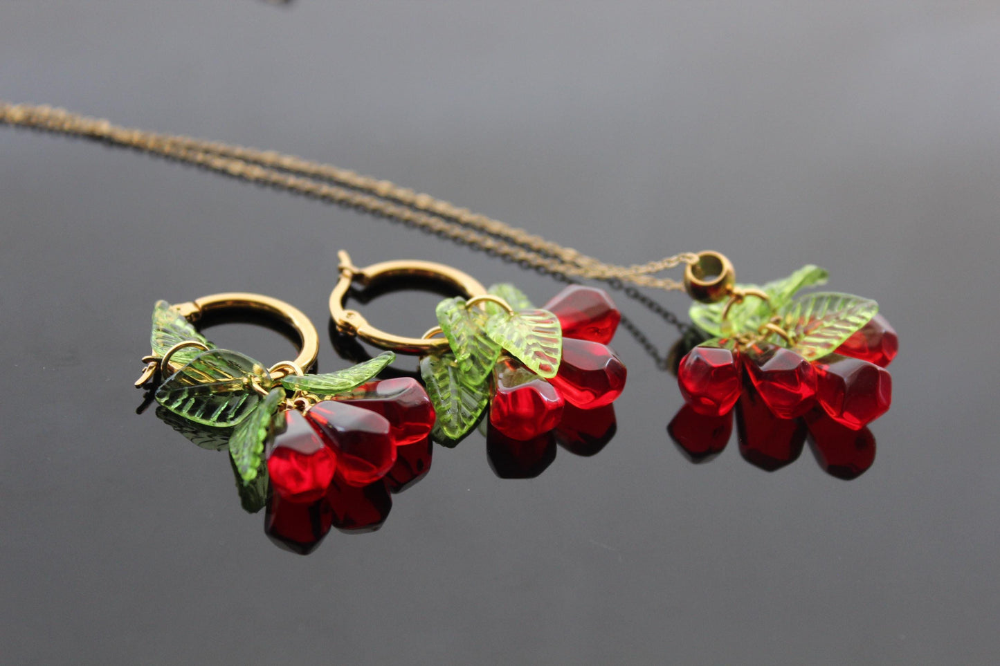 Pomegranate seeds hoop earrings and necklace gold plated stainless steel hypoallergenic jewelry