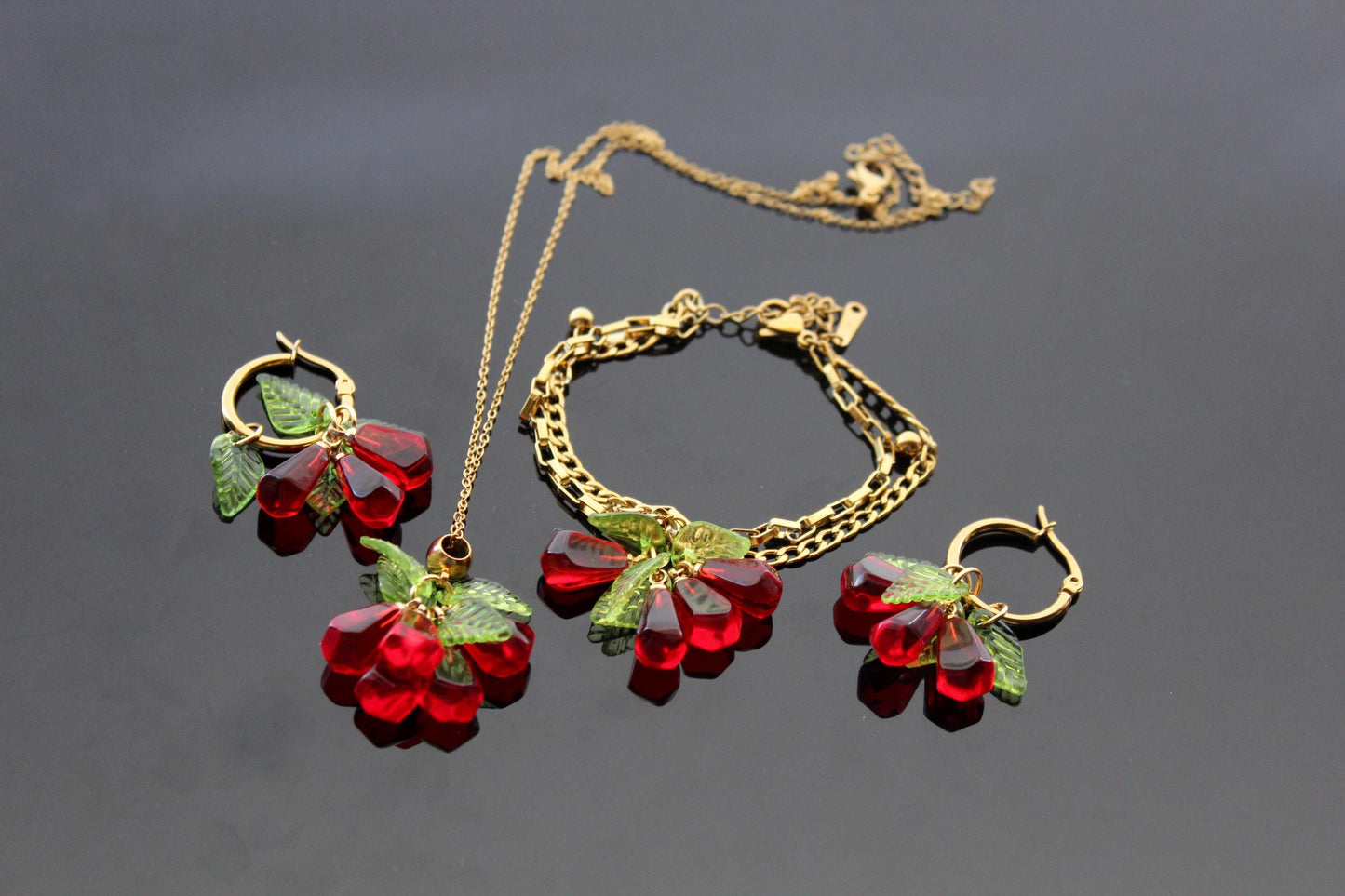 Pomegranate seeds hoop earrings and necklace gold plated stainless steel hypoallergenic jewelry