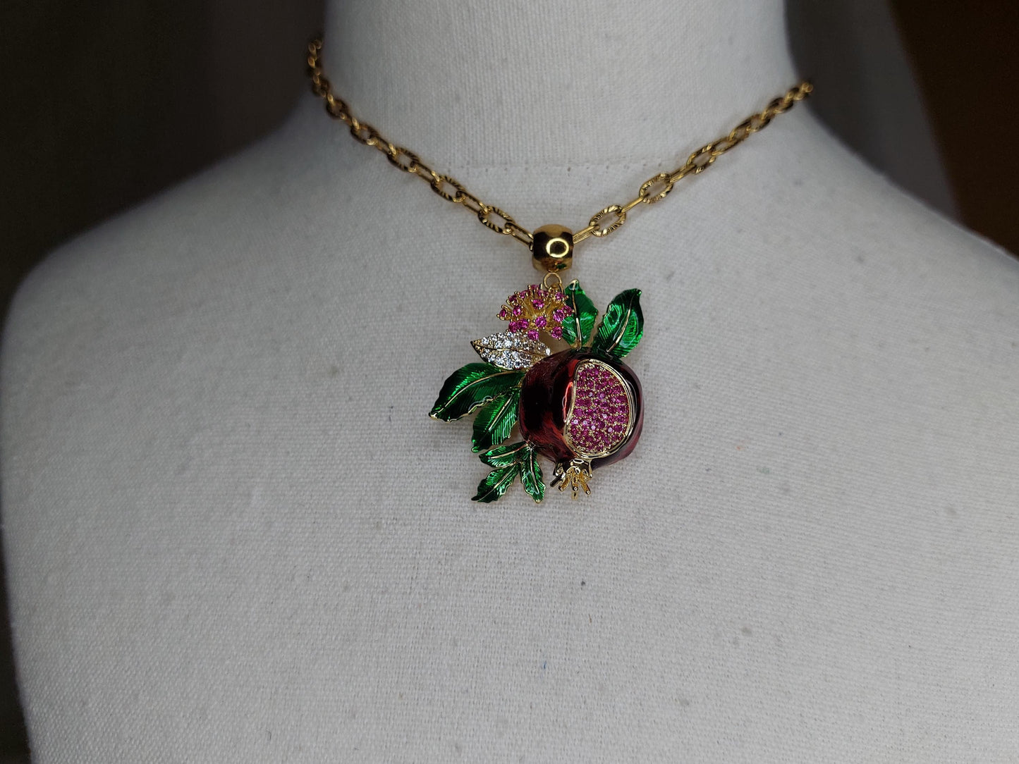 Pomegranate pendant, Gold plated pendant with crystals