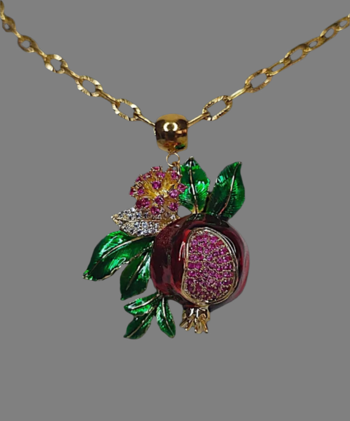 Pomegranate pendant, Gold plated pendant with crystals