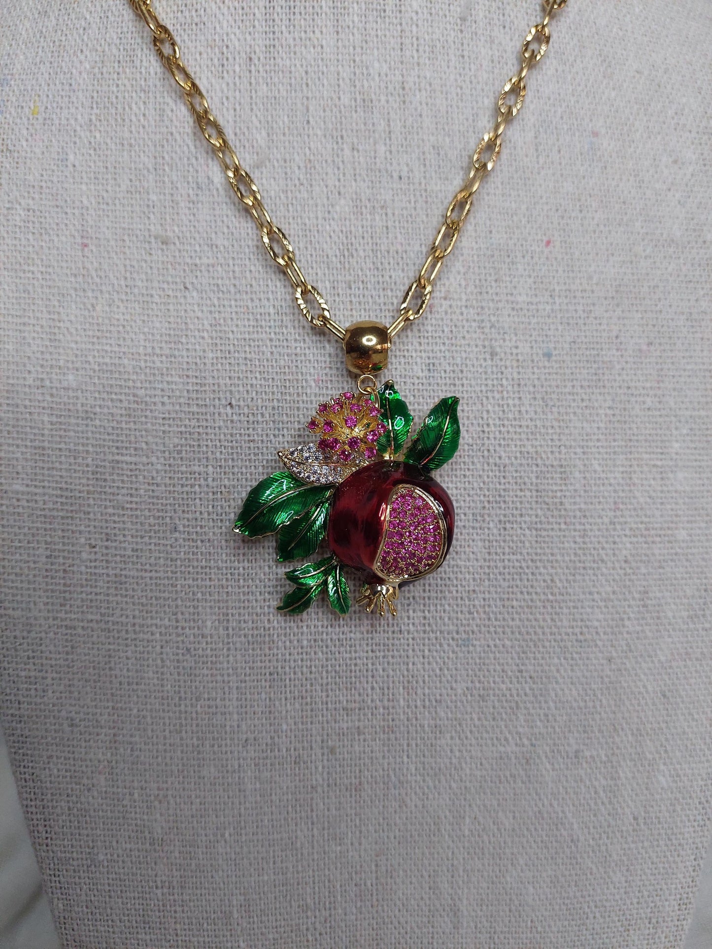 Pomegranate pendant, Gold plated pendant with crystals