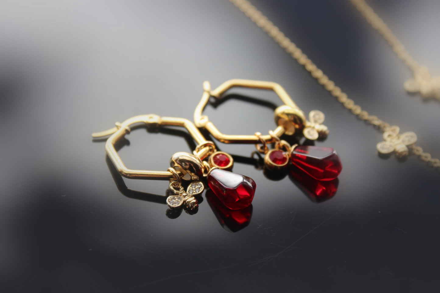 18K gold plated stainless steel, non tarnish Pomegranate seeds and bee jewelry