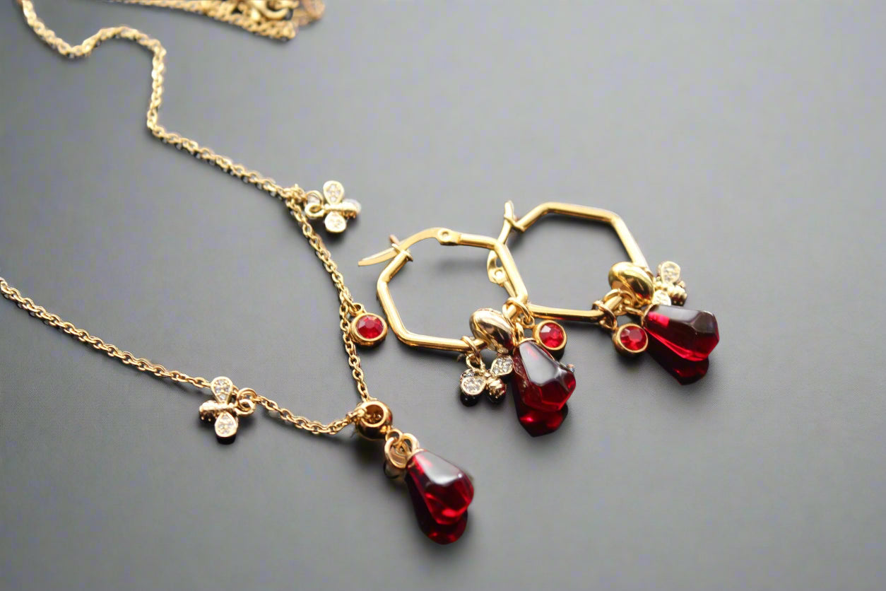 18K gold plated stainless steel, non tarnish Pomegranate seeds and bee jewelry