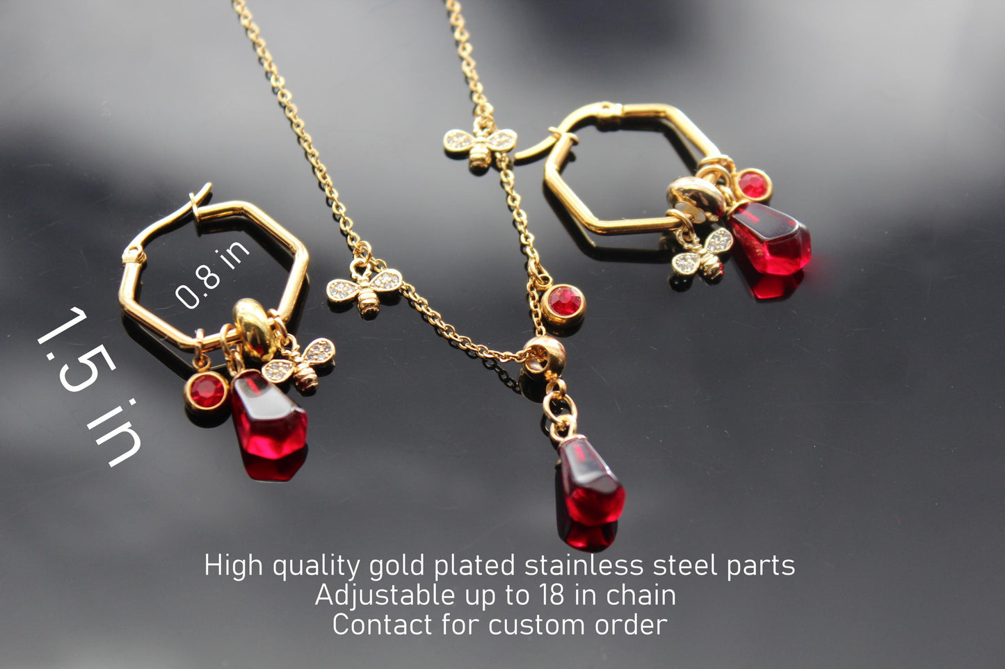 18K gold plated stainless steel, non tarnish Pomegranate seeds and bee jewelry