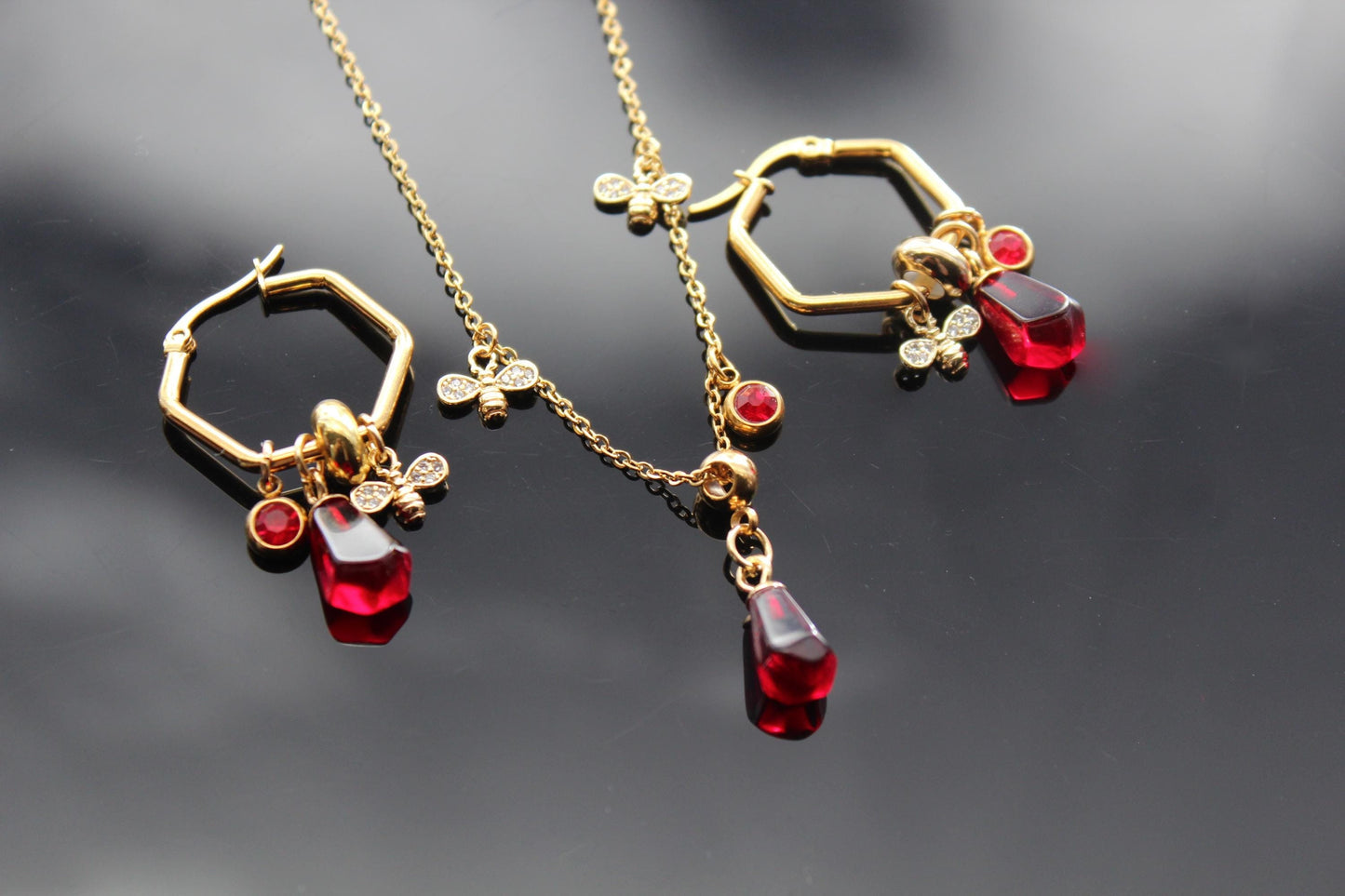 18K gold plated stainless steel, non tarnish Pomegranate seeds and bee jewelry