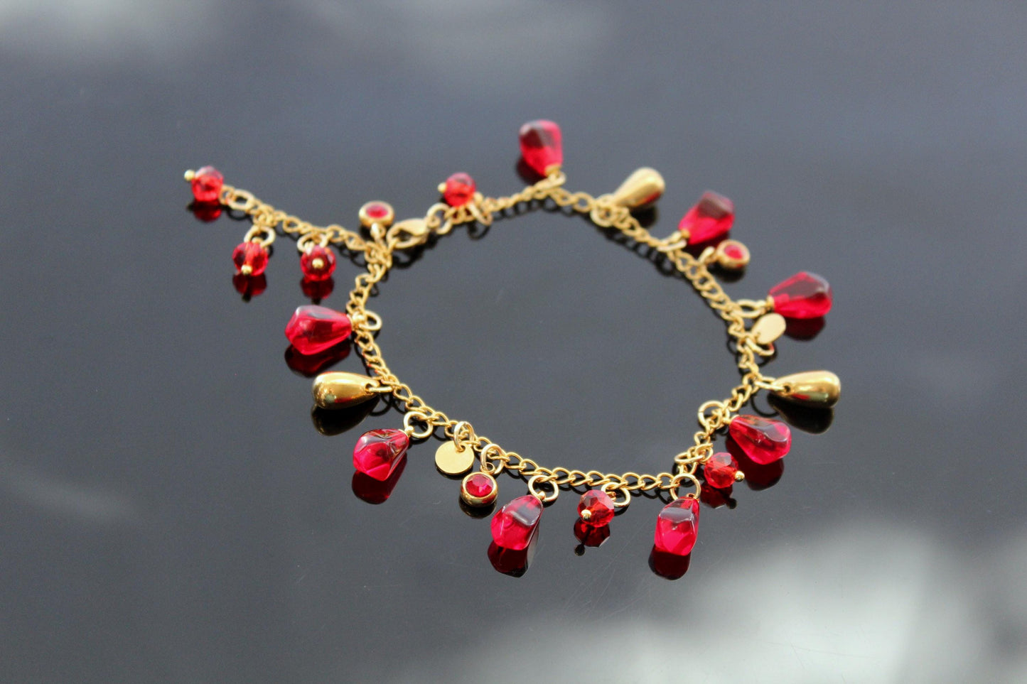 18K gold plated handmade stainless still pomegranate bracelet with glass beads