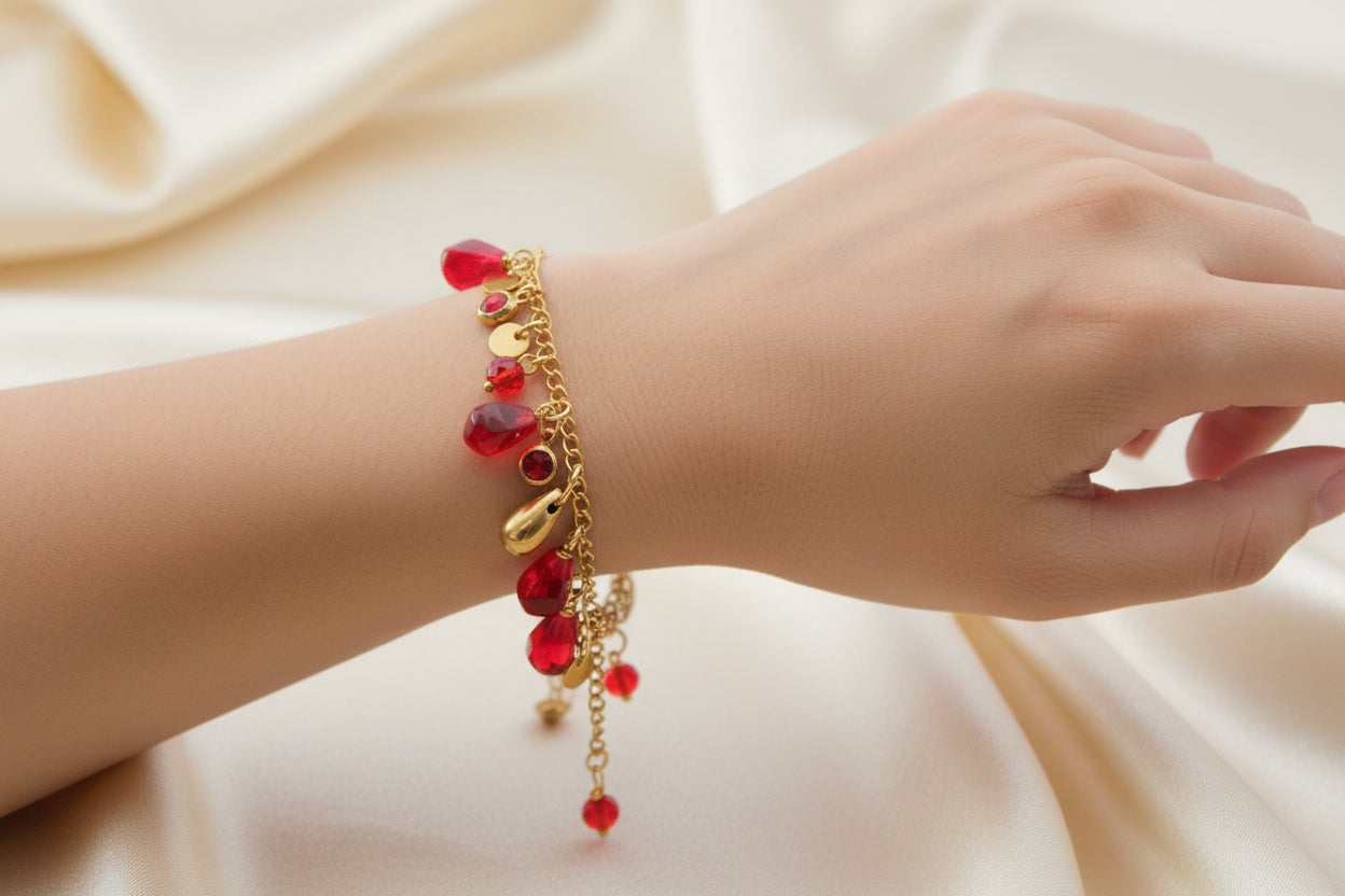 18K gold plated handmade stainless still pomegranate bracelet with glass beads