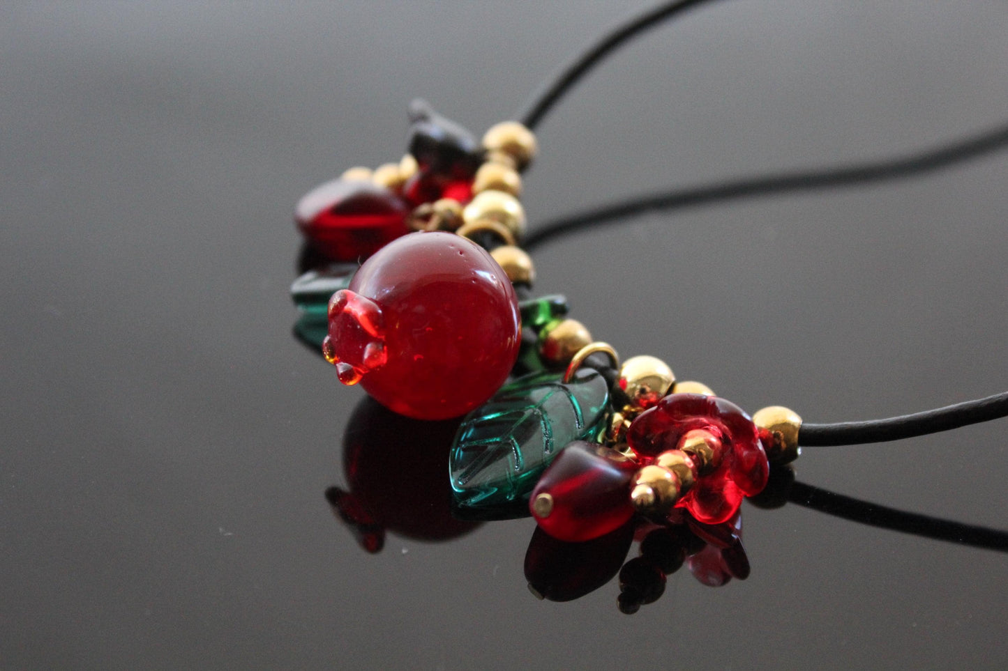 Handmade Pomegranate and floral glass beads with adjustable leather cord
