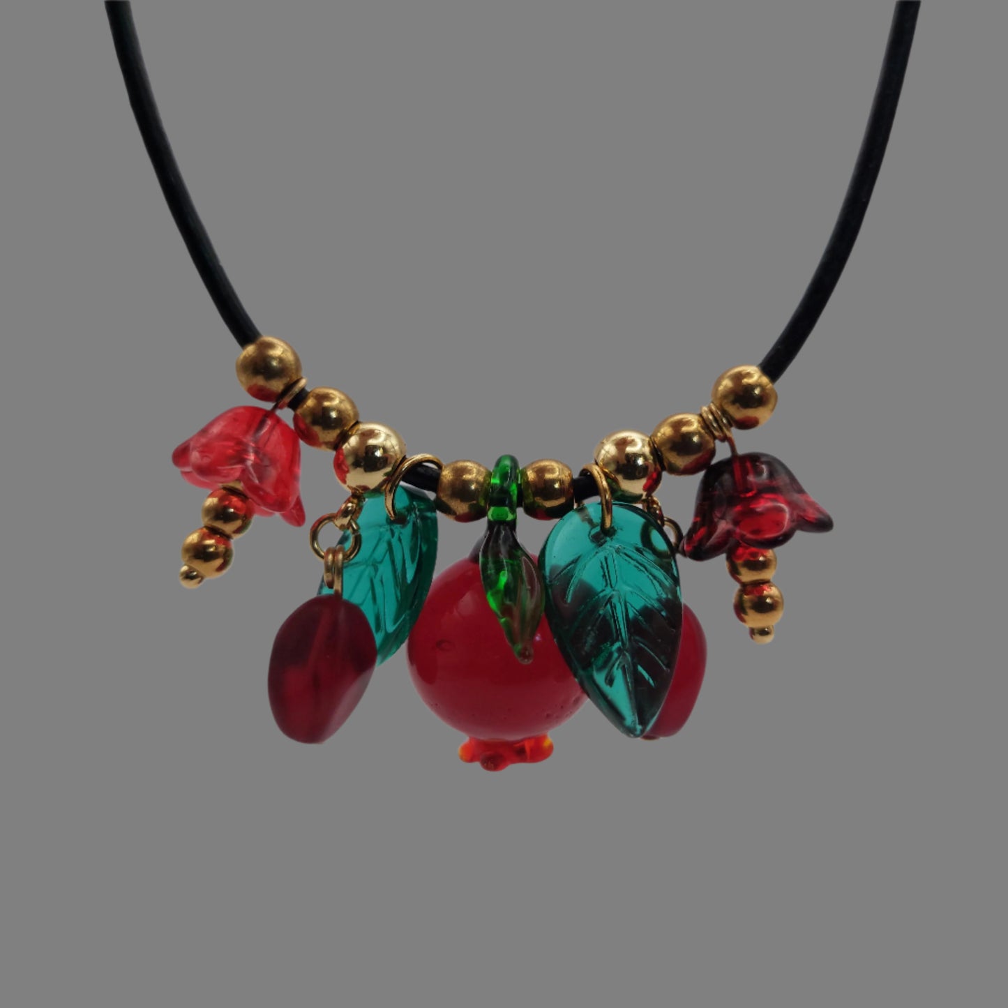 Handmade Pomegranate and floral glass beads with adjustable leather cord