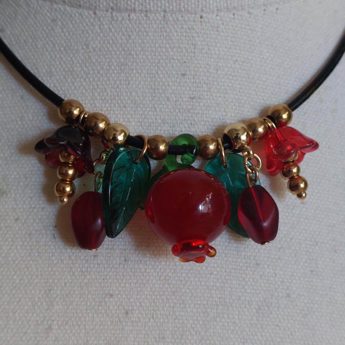 Handmade Pomegranate and floral glass beads with adjustable leather cord