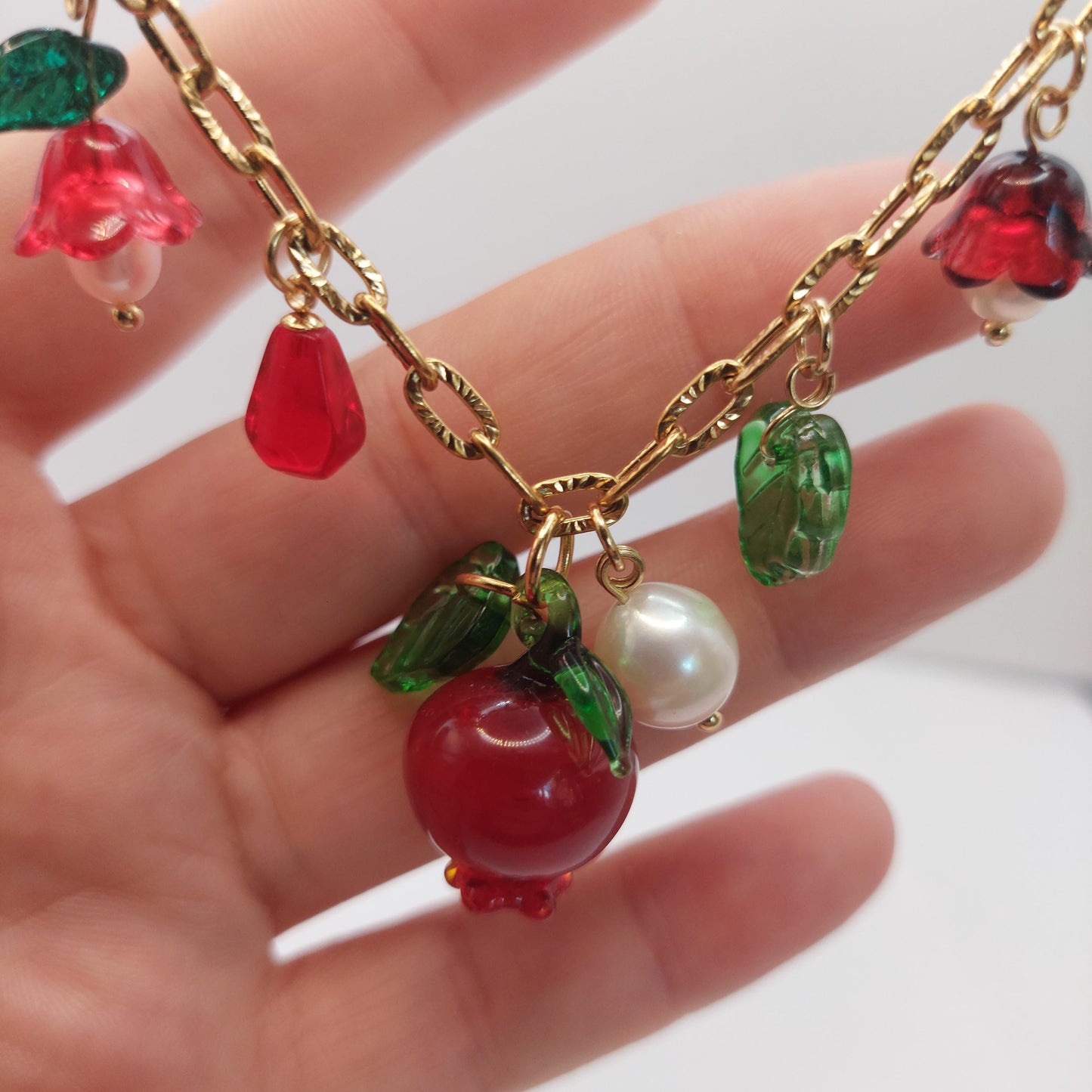 Handmade Pomegranate and floral glass beads and natural pearl with adjustable Gold plated stainless steel chain