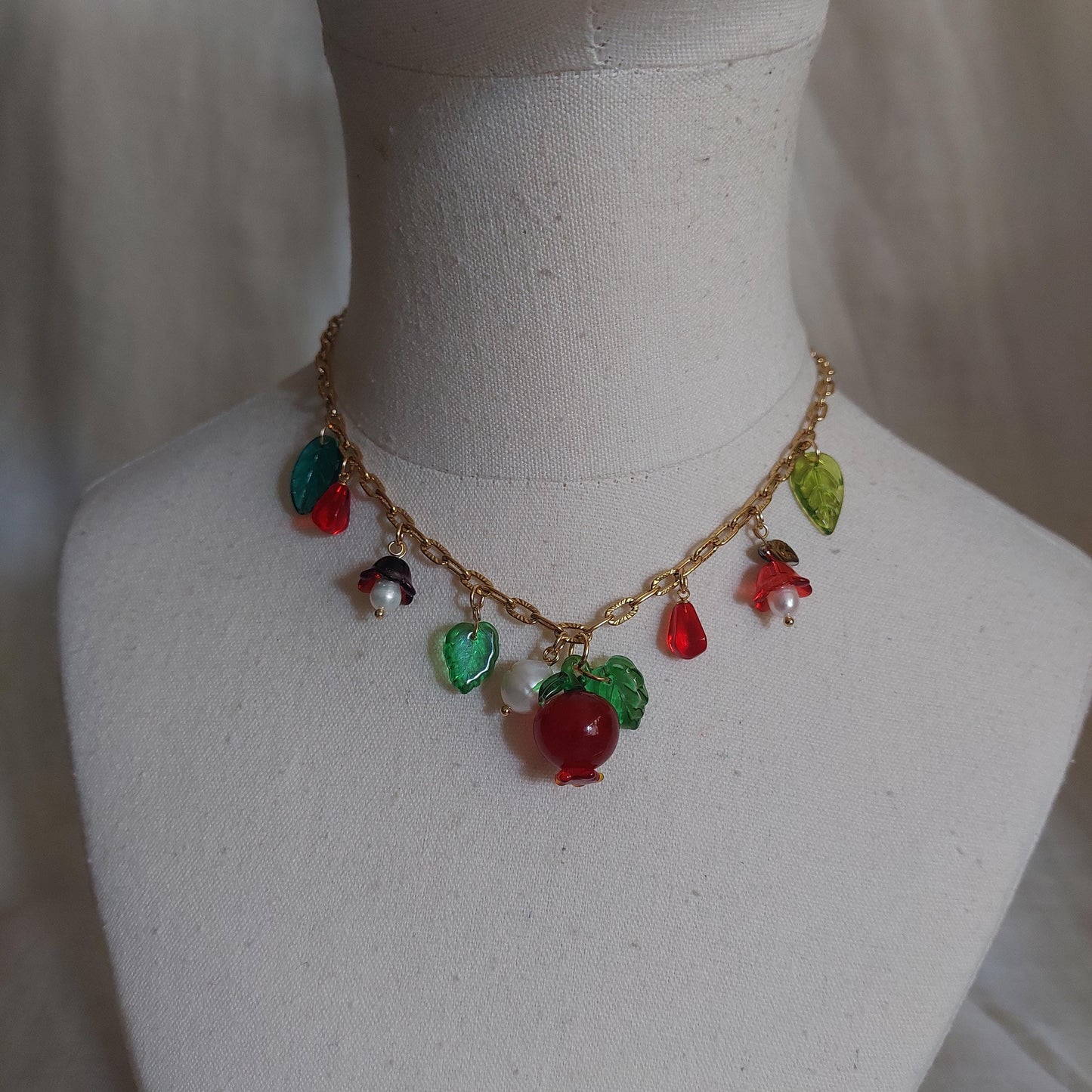 Handmade Pomegranate and floral glass beads and natural pearl with adjustable Gold plated stainless steel chain