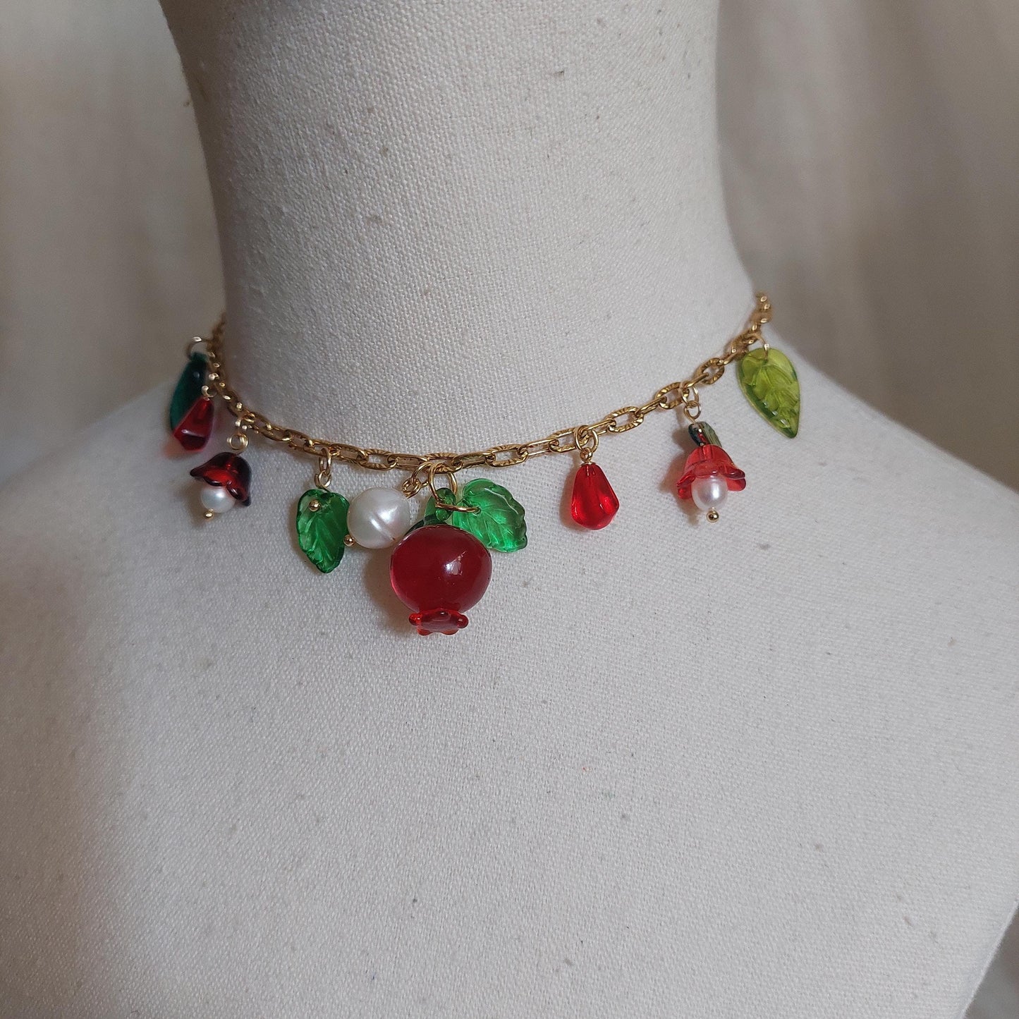 Handmade Pomegranate and floral glass beads and natural pearl with adjustable Gold plated stainless steel chain