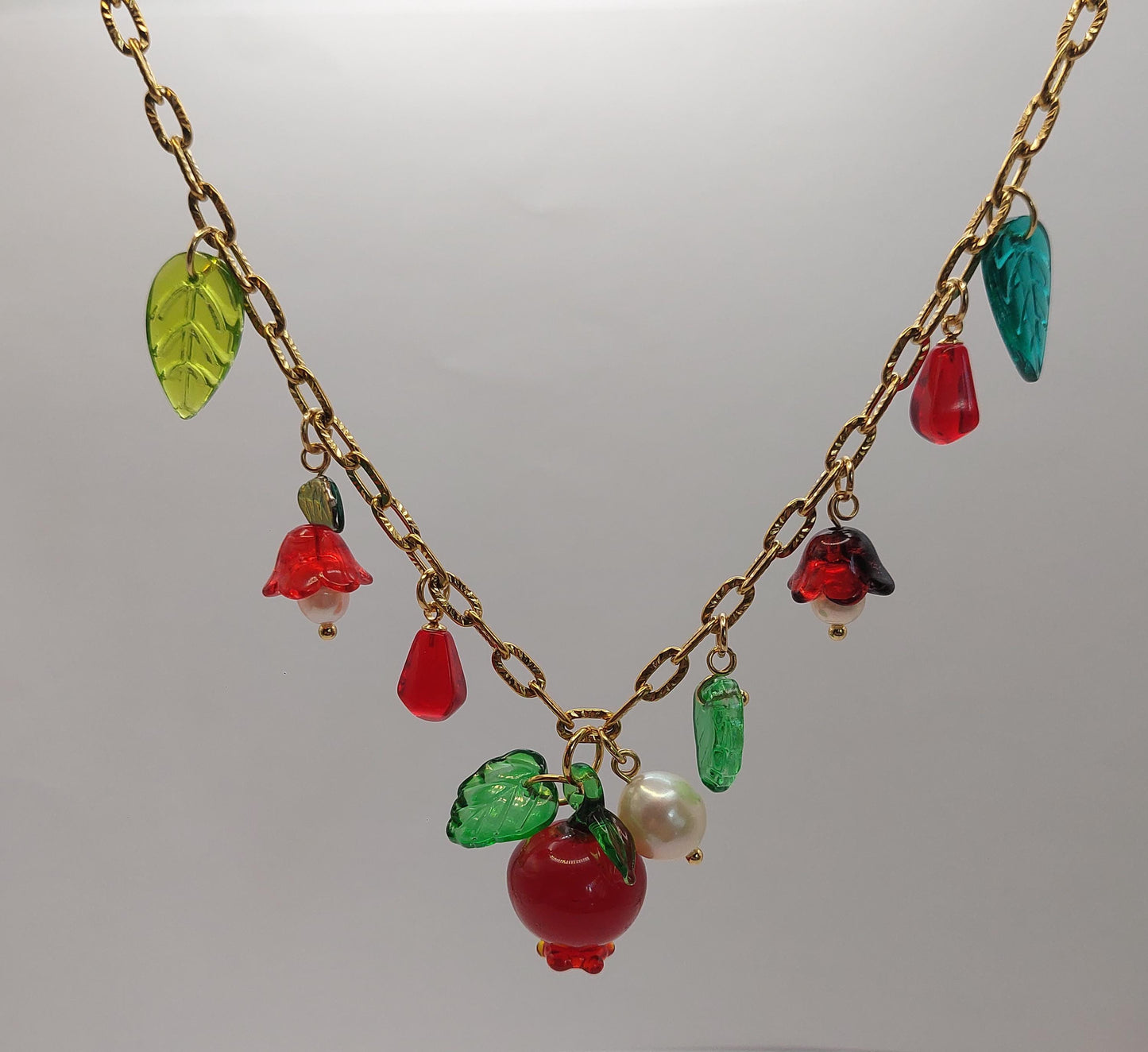 Handmade Pomegranate and floral glass beads and natural pearl with adjustable Gold plated stainless steel chain