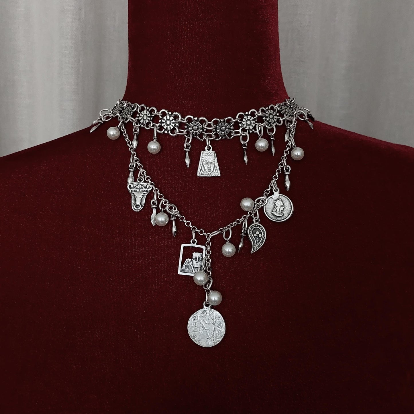 Handcrafted Armenian traditional necklace with coins and pearls