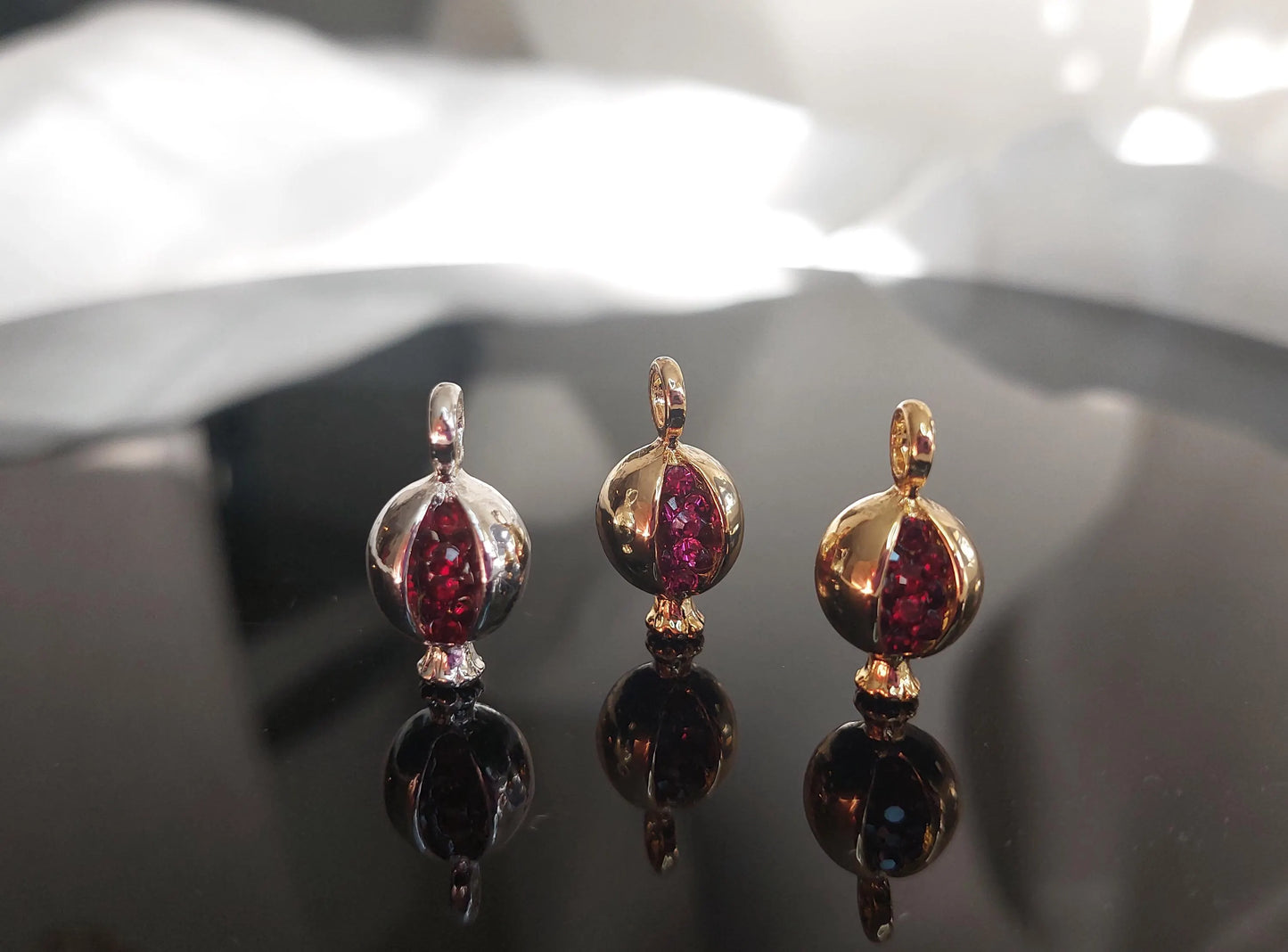High quality gold plated water resistant pomegranate charm with glass beads