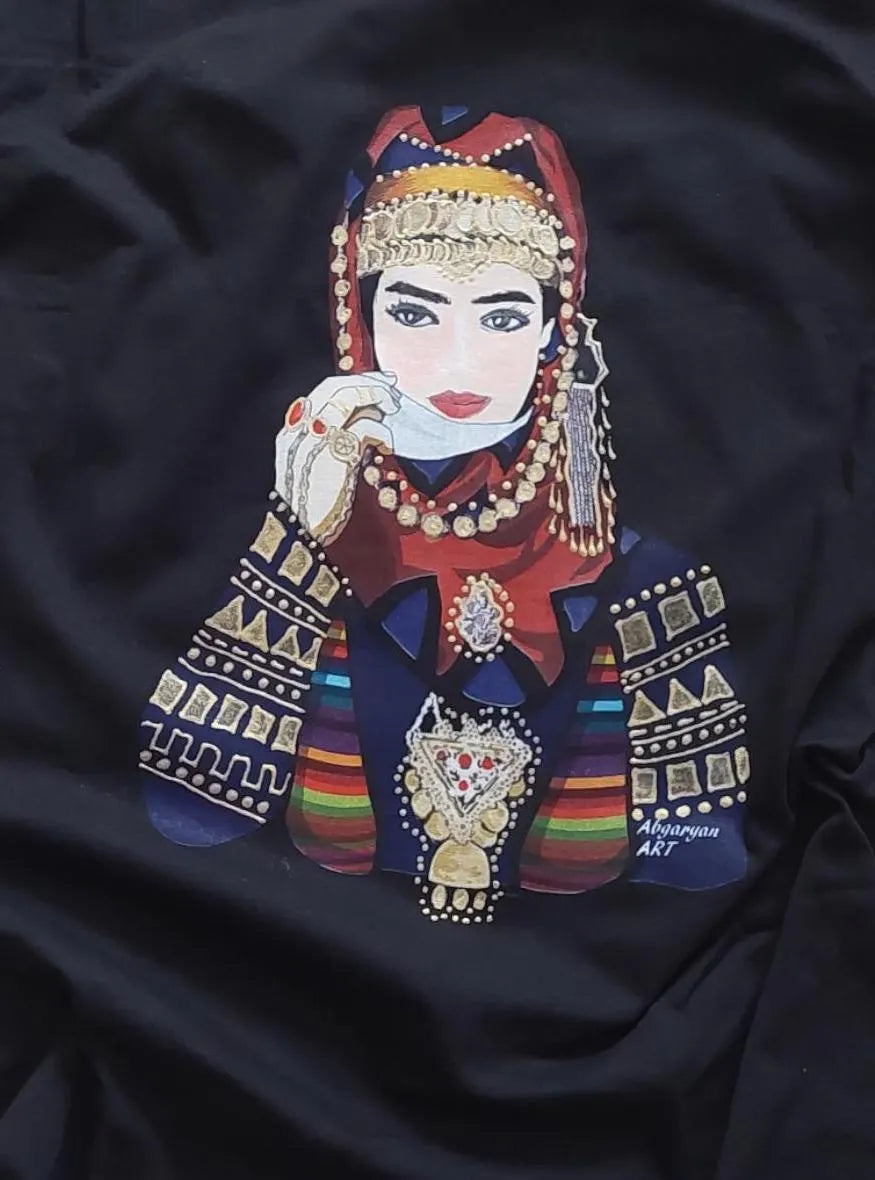Hand painted Armenian Cotton T-shirt, Armenian Lady with traditional clothing, Armenian taraz