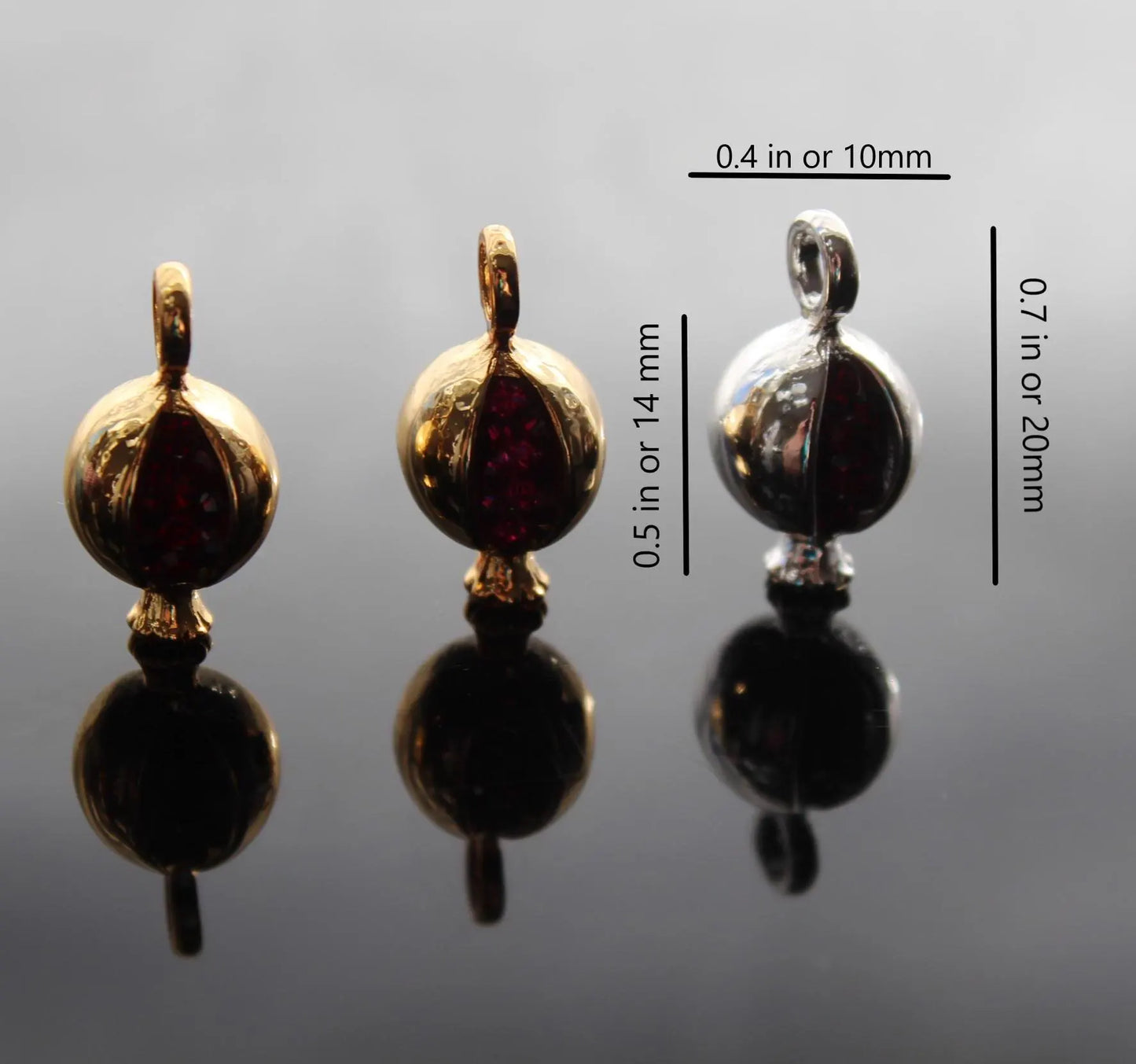 High quality gold plated water resistant pomegranate charm with glass beads