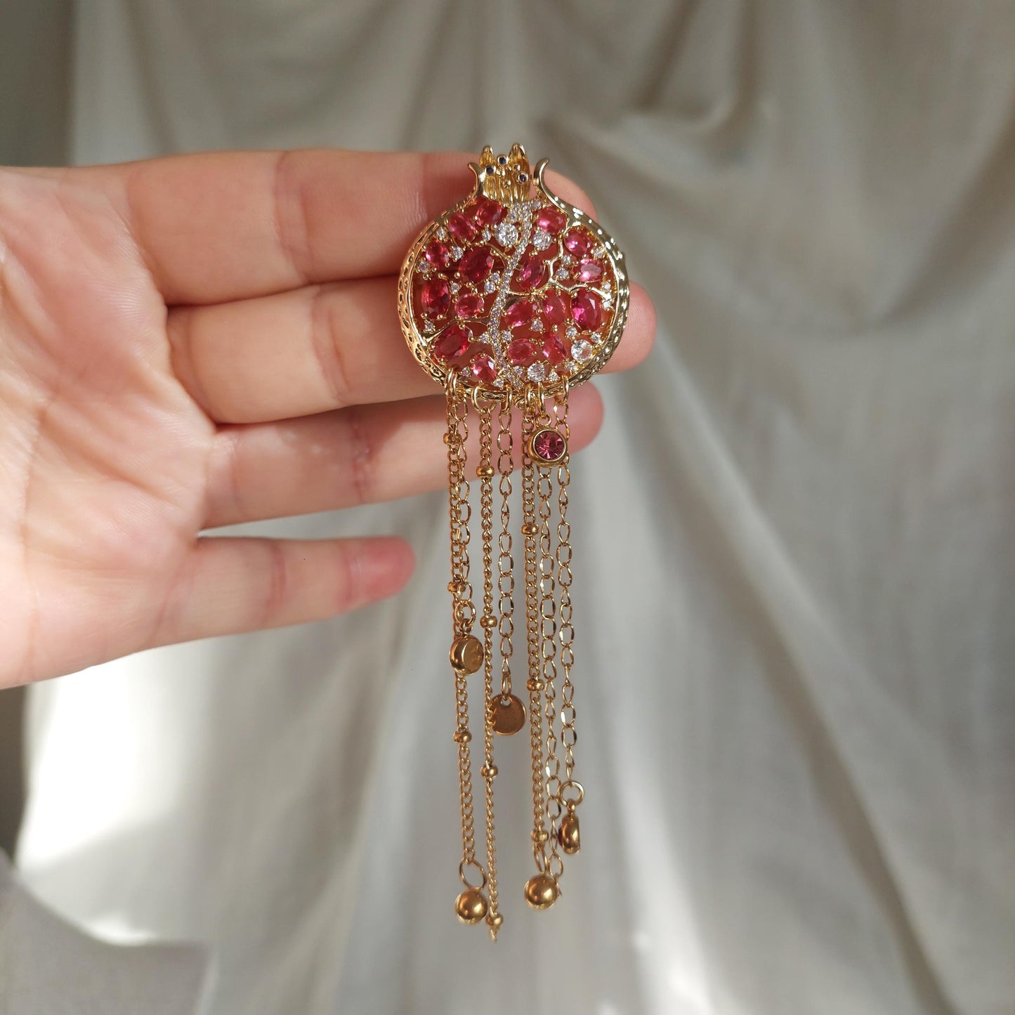 Handmade 14K gold plated Pomegranate brooch with zircons and glass beads