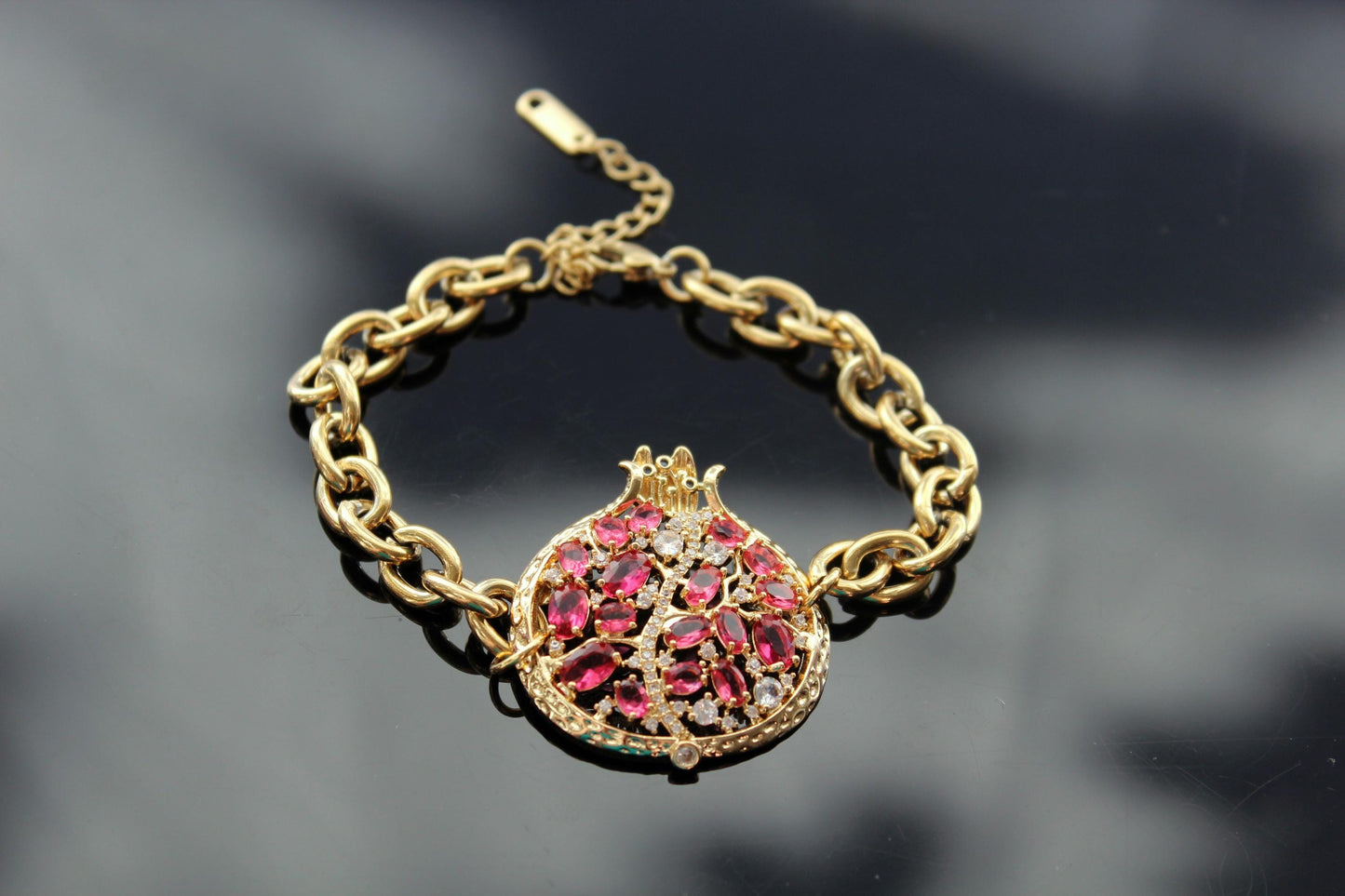 Adjustable 14K gold plated stainless steel pomegranate bracelet with crystals and zircons