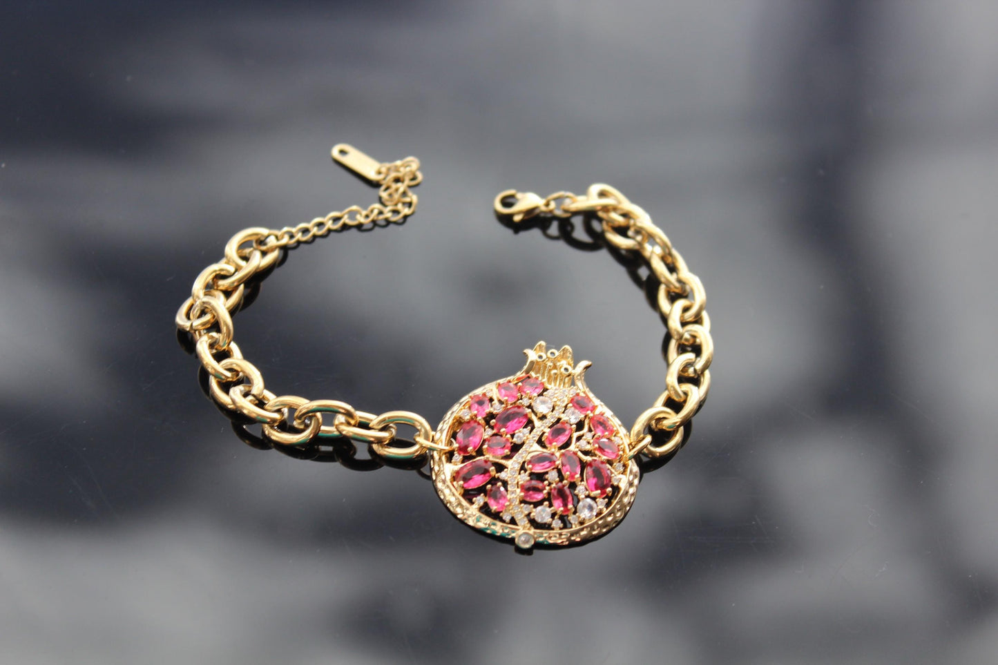 Adjustable 14K gold plated stainless steel pomegranate bracelet with crystals and zircons