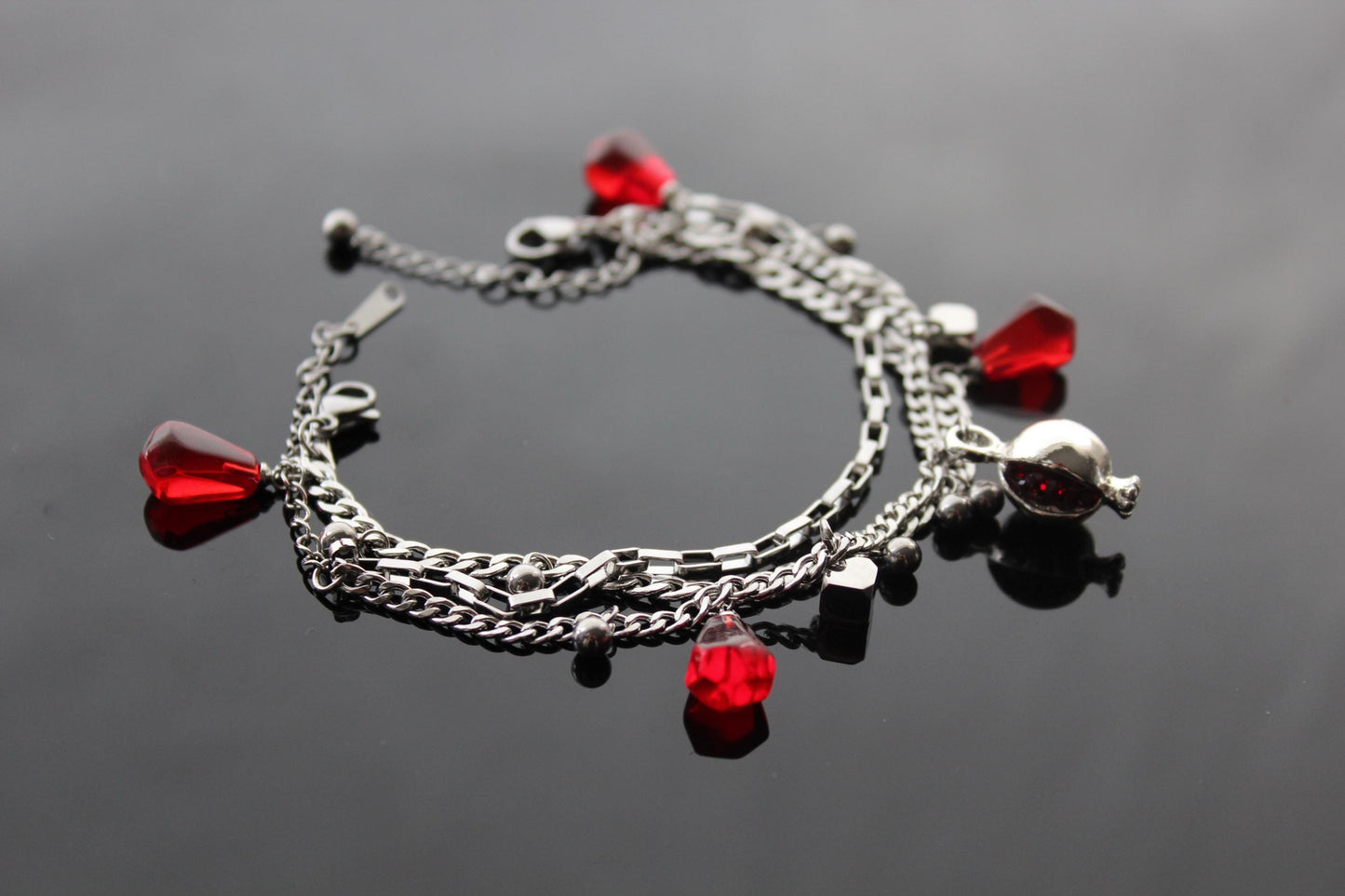 Adjustable 18K gold  plated stainless steel pomegranate bracelet with resin or glass charms