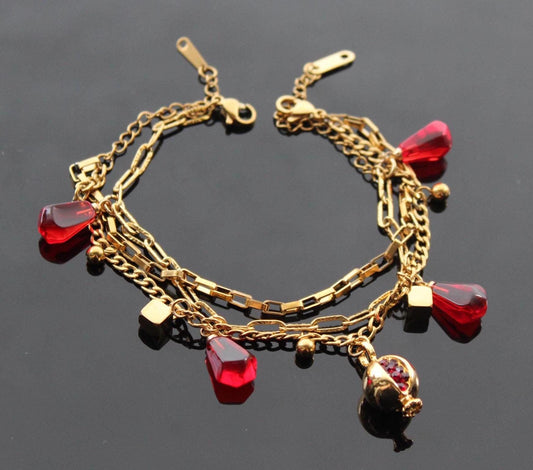 Adjustable 18K gold  plated stainless steel pomegranate bracelet with resin or glass charms
