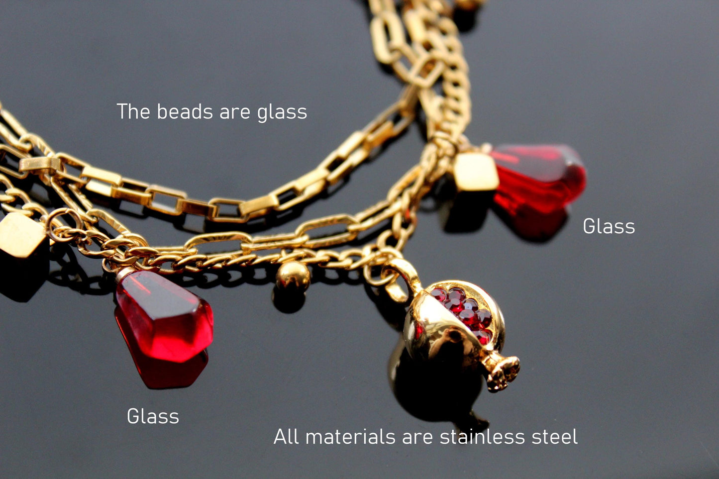 Adjustable 18K gold  plated stainless steel pomegranate bracelet with resin or glass charms