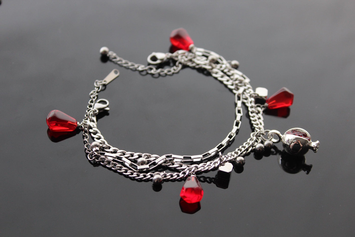 Adjustable 18K gold  plated stainless steel pomegranate bracelet with resin or glass charms