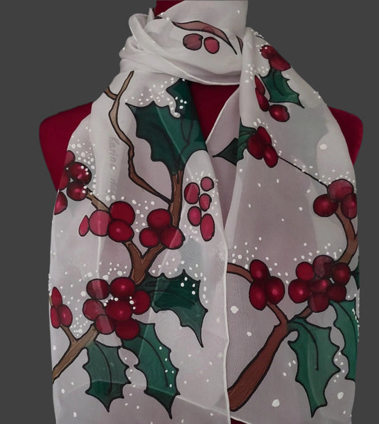 Hand painted Winter scarf, Snowball Winter Bird scarf