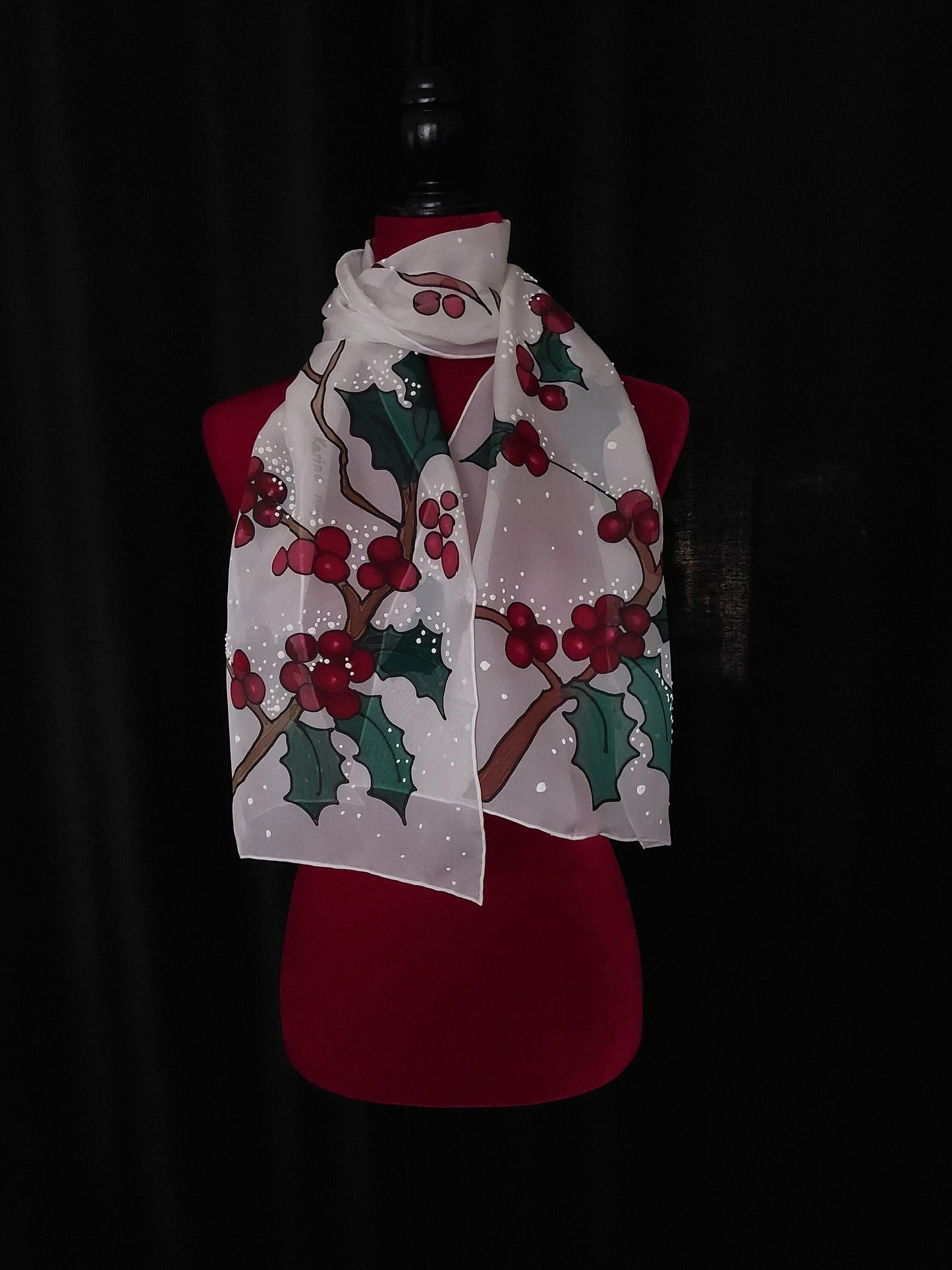 Hand painted Winter scarf, Snowball Winter Bird scarf