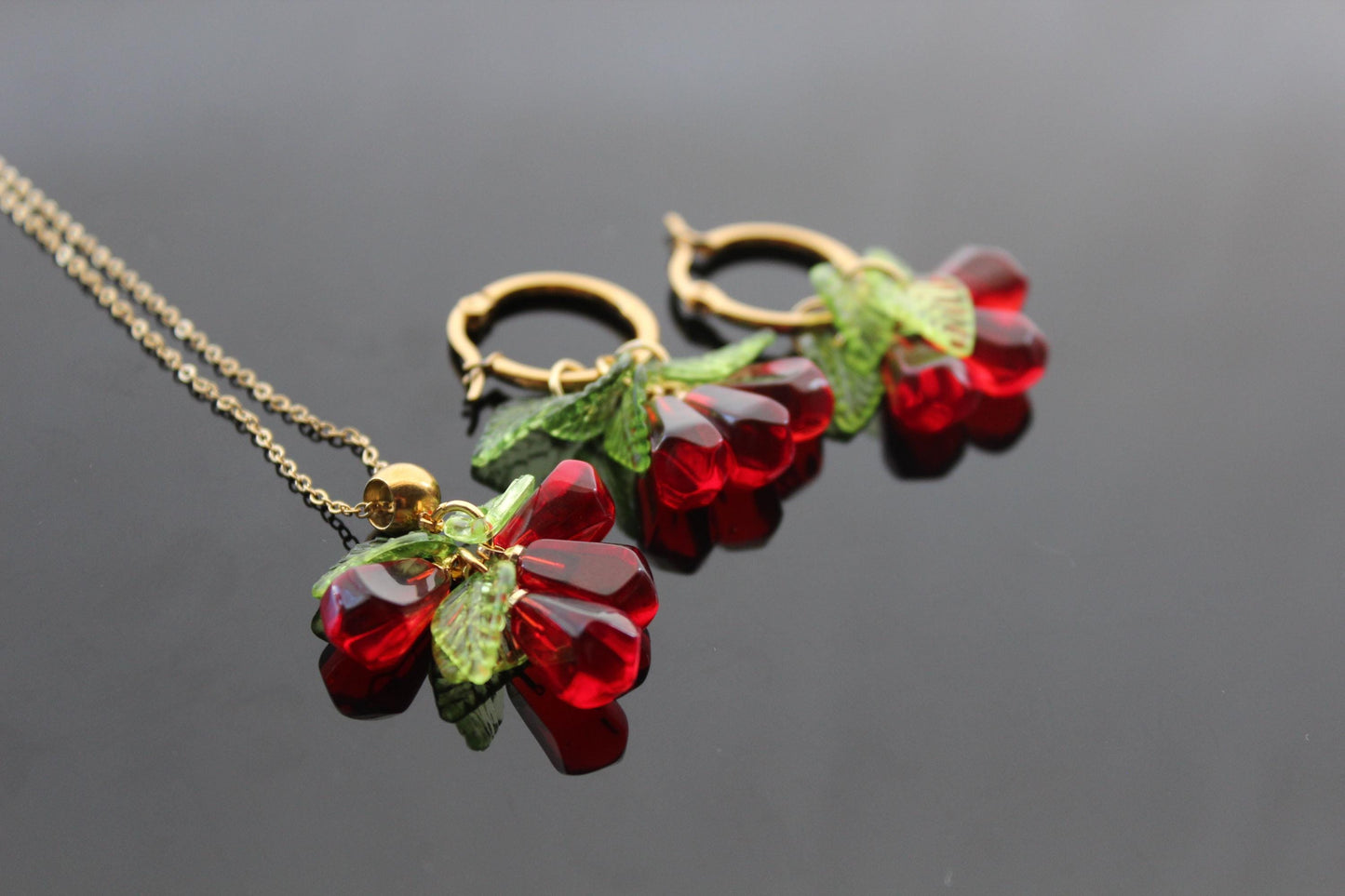 Pomegranate seeds hoop earrings and necklace gold plated stainless steel hypoallergenic jewelry