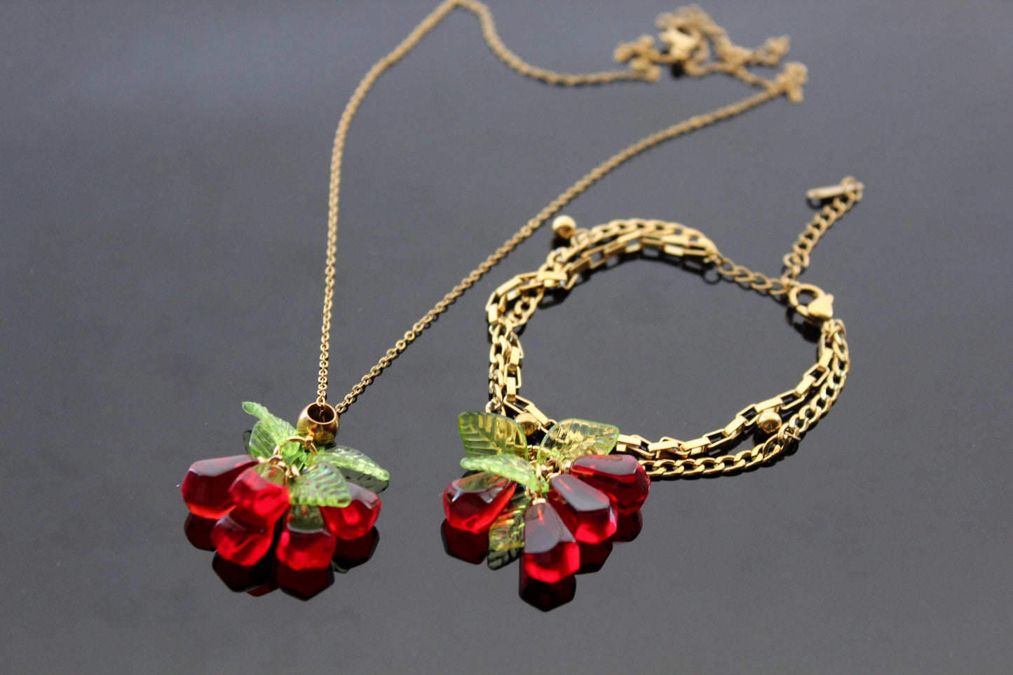 Pomegranate seeds hoop earrings and necklace gold plated stainless steel hypoallergenic jewelry