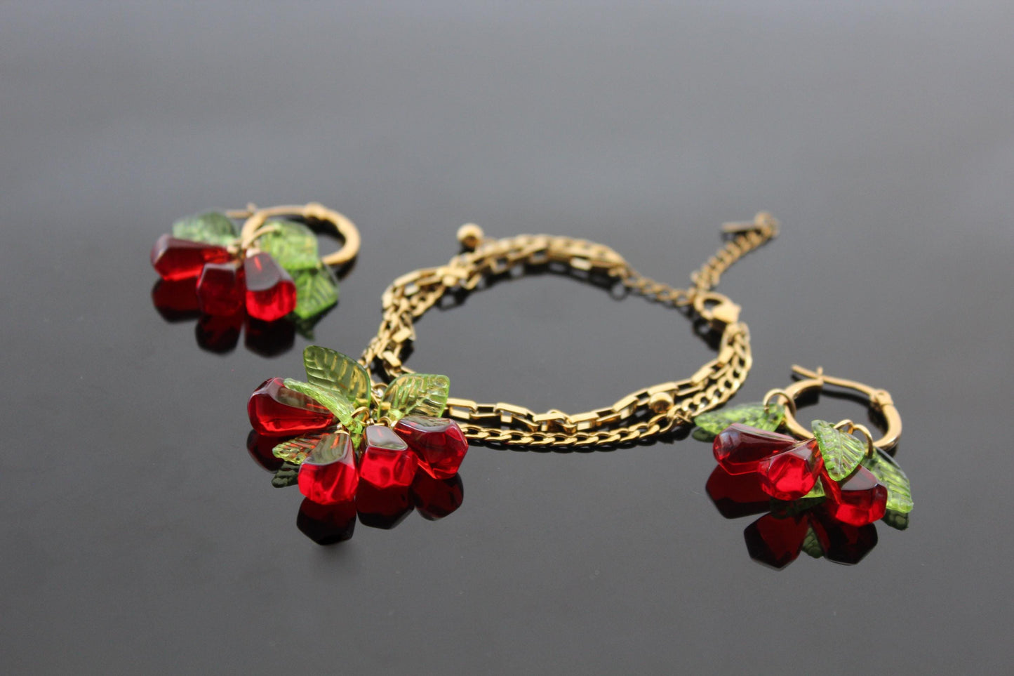 Pomegranate seeds hoop earrings and necklace gold plated stainless steel hypoallergenic jewelry