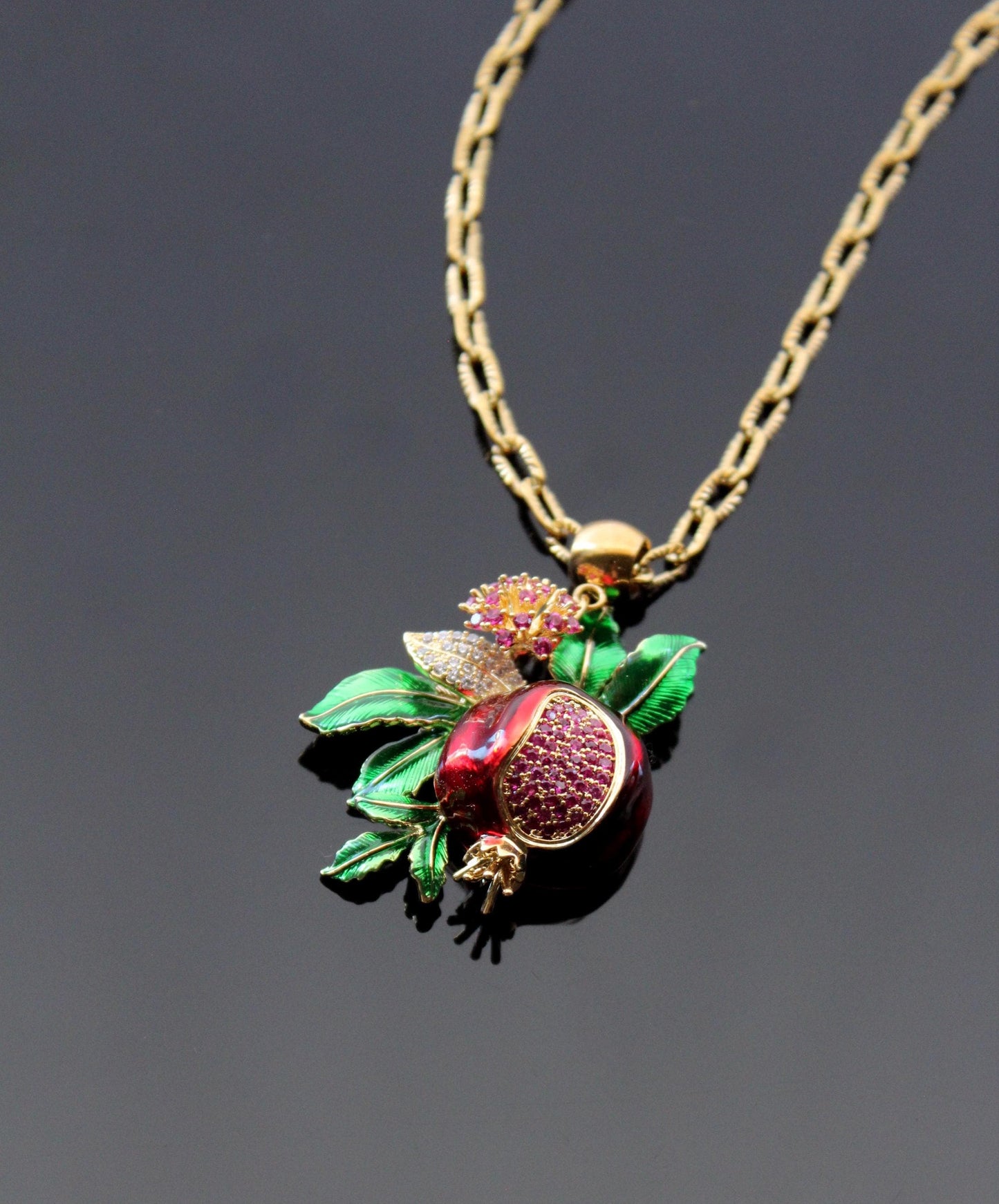Pomegranate pendant, Gold plated pendant with crystals